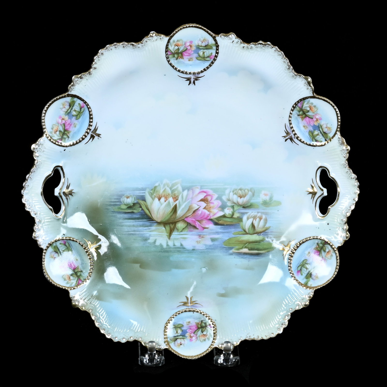 Two Handled Cake Plate Marked R.S. Prussia, Medallion Mold: Two Handled Cake Plate Marked R.S. Prussia, Medallion Mold, 10 x 10 x 1.5 Inches, Water Lily Scenic Decor With Water Lily Medallions, Light Stacking Wear, 0.9 Pounds, Grady and Annette Hite