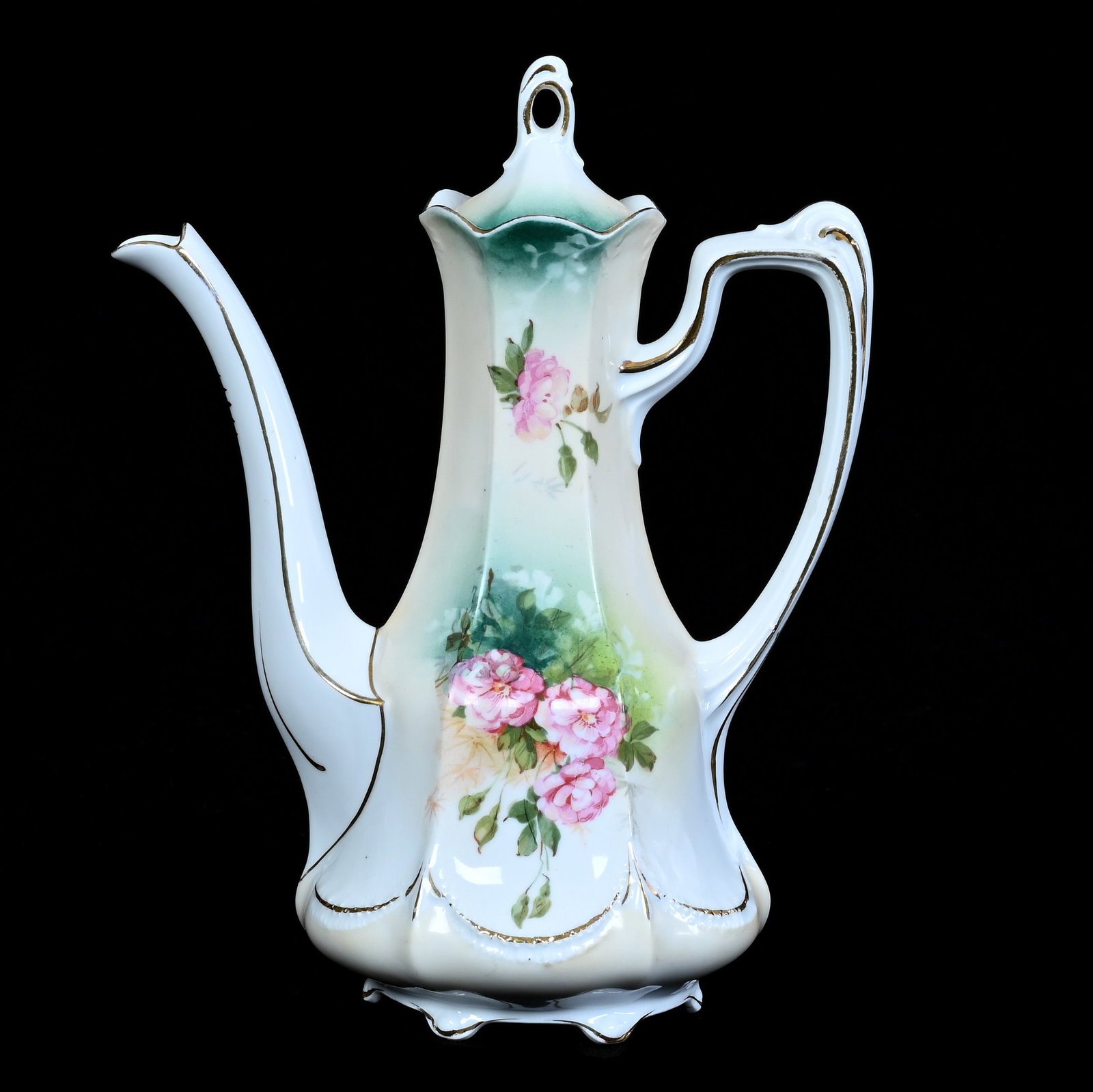 Demitasse Pot, Marked R.S. Prussia: Demitasse Pot, Marked R.S. Prussia, 9.25 x 7.25 x 4.5 Inches, Green, Cream, And White Tones With Pink Floral Decor, 0.9 Pounds, Grady and Annette Hite Collection, North Carolina. Effective 6/6/26,