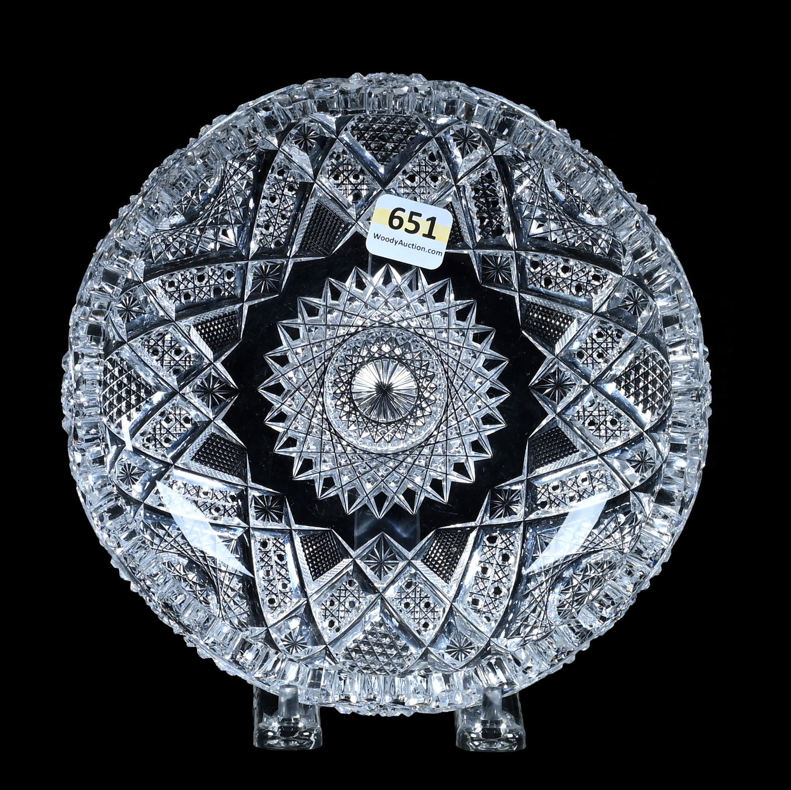 Bowl, American Brilliant Cut Glass: Bowl, American Brilliant Cut Glass, 7 x 7 x 2 Inches, Hobstar Center With Four Alternating Sections Of Hobstar, Cane, Nailhead Diamond, Crosscutting, And Star Motif, 1.9 Pounds, Grady and Annette