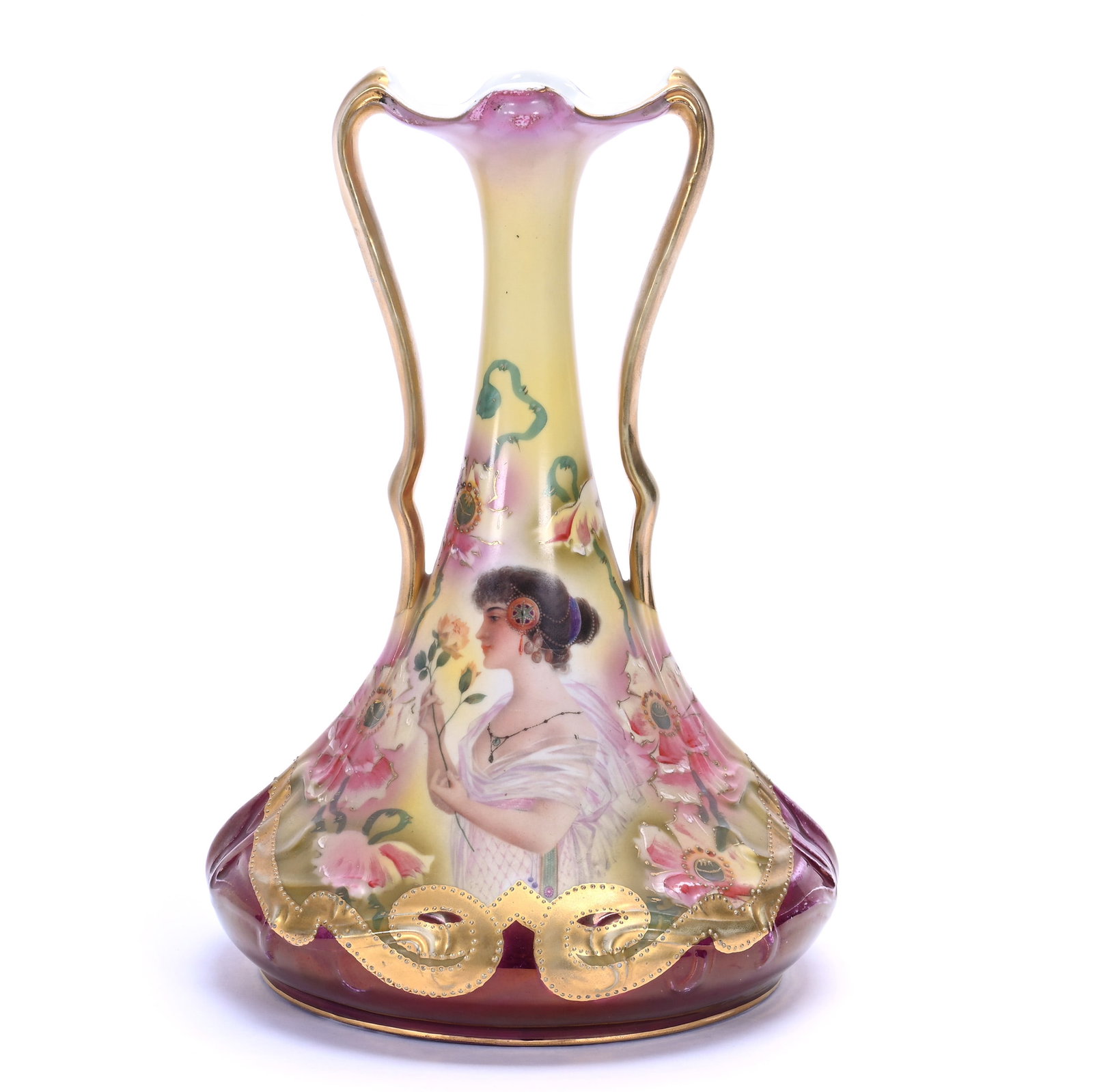 Two Handled Vase Marked Prov Saxe: Two Handled Vase Marked Prov Saxe, 11 x 7.5 x 7.5 Inches, Yellow And Green Background With Maroon Border, Portrait Of Young Woman Smelling Flowers, 2.1 Pounds, Grady and Annette Hite Collection, North