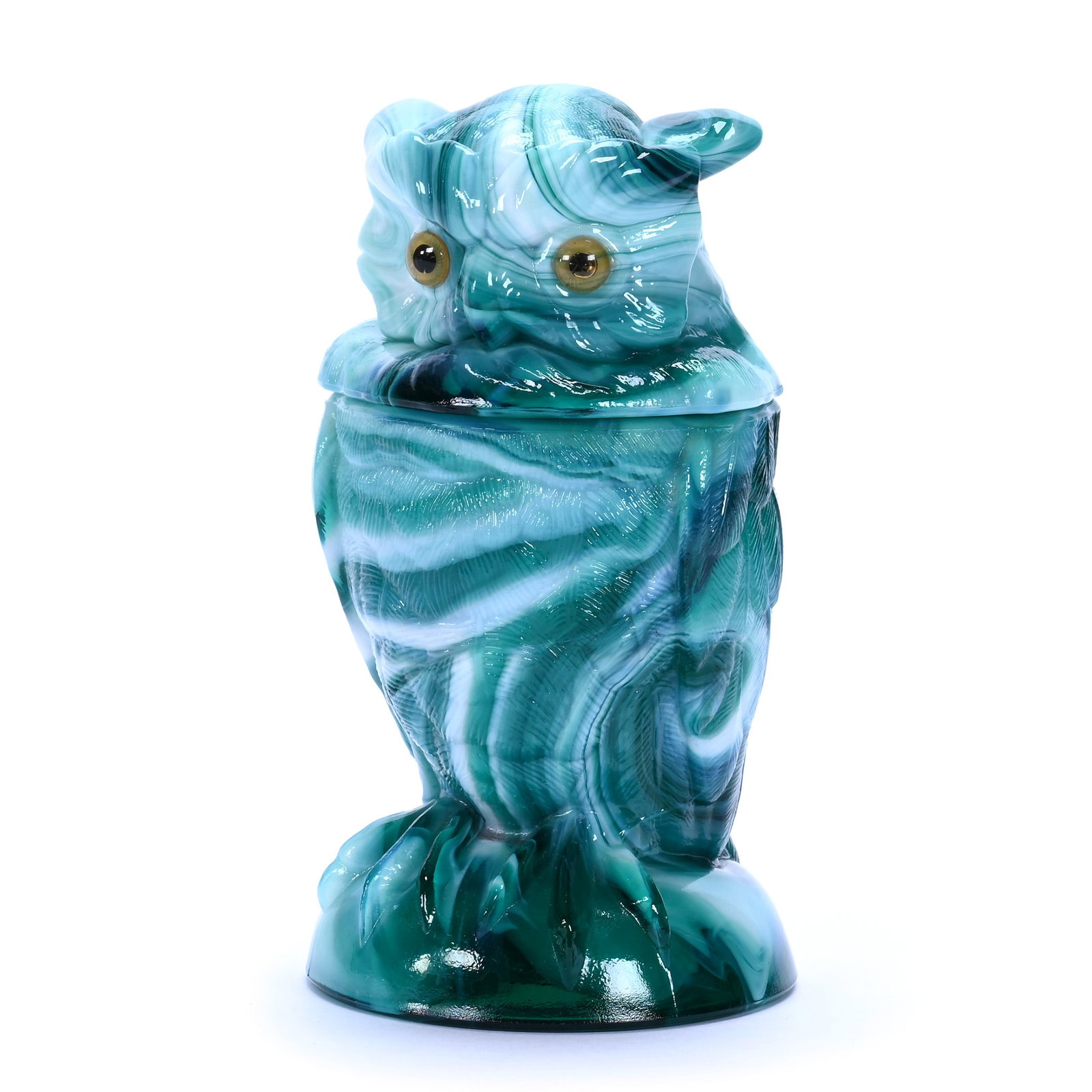 Figural Owl Covered Candy Dish By Imperial: Figural Owl Covered Candy Dish By Imperial, 6.5 x 3.5 x 3.5 Inches, Green Slag, Glass Eyes, 1.7 Pounds, Private Collection, Missouri. Effective 6/6/26, All LiveAuctioneers Invoices Must Be Paid Using 