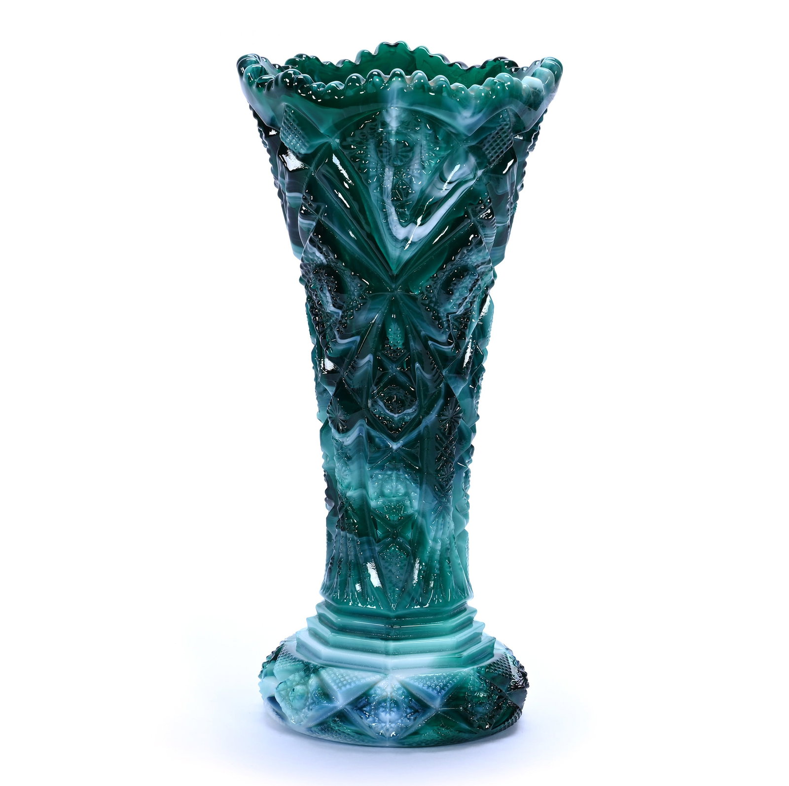 Vase, Green Slag Pattern #529 By Imperial Glass: Vase, Green Slag Pattern #529 By Imperial Glass, 10 x 4.75 x 4.75 Inches, Circa 1975, 2.9 Pounds, Private Collection, Missouri. Effective 6/6/26, All LiveAuctioneers Invoices Must Be Paid Using The Pa