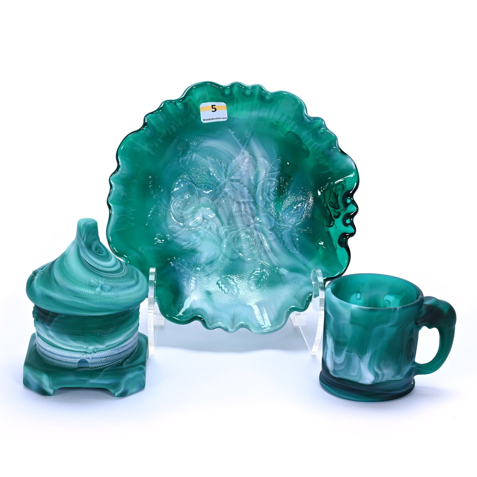(3) Green Slag Items By Imperial Glass: (3) Green Slag Items By Imperial Glass, 8.25 x 8.25 x 2.75 Inches, (1) Three Footed Bowl Rose Pattern, (1) 5" x 3.75" Beehive Shaped Candy Dish, And (1) 2.75" x 4" Elephant Handled Child's Mug, 3.7 Po