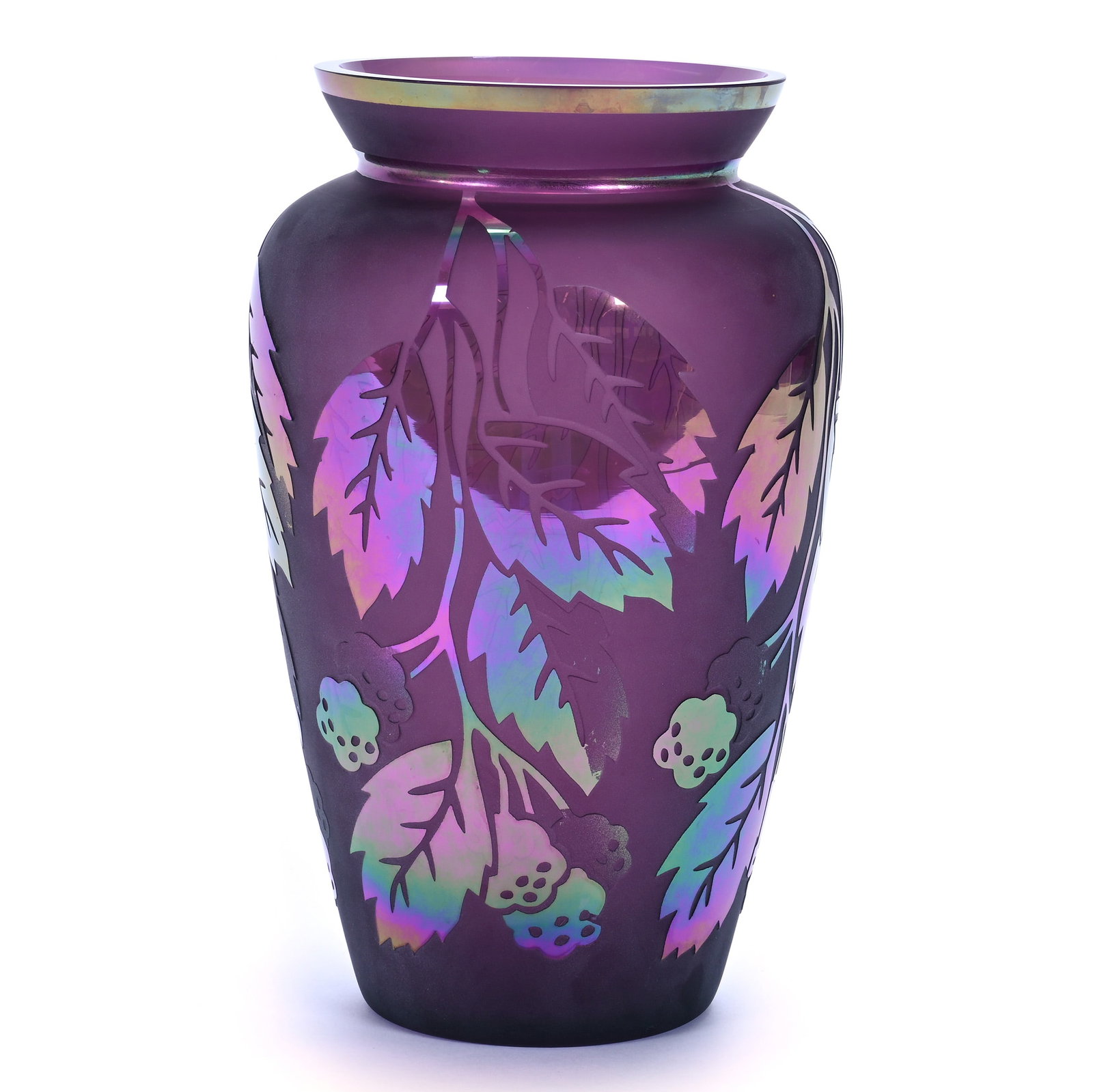Vase, Fenton Art Glass Limited Edition: Vase, Fenton Art Glass Limited Edition, 9 x 5.5 x 5.5 Inches, #126 Of 950, Designed By Martha Reynolds, Iridescent Amethyst/Plum, Sand Carved Leaves Of Gold Pattern, 2.4 Pounds, Private Collection, Mi