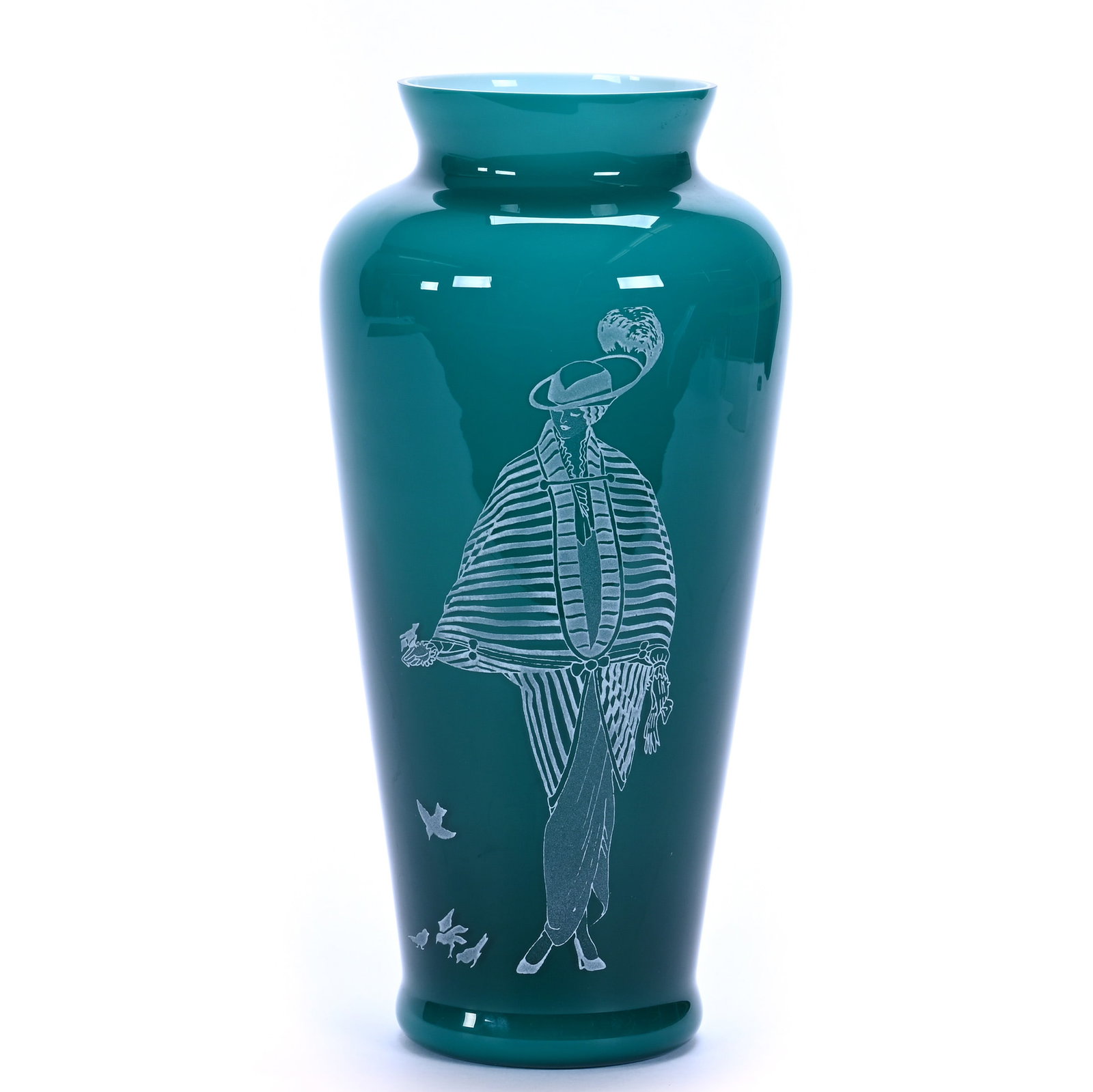 Vase, Fenton Art Glass Limited Edition, Dated 1986: Vase, Fenton Art Glass Limited Edition, Dated 1986, 10.5 x 5.25 x 5.25 Inches, Green Cased With White Interior, Sand Carved Woman And Birds Decor, #548 Of 1000, Original Certificate, 1.8 Pounds, Priva