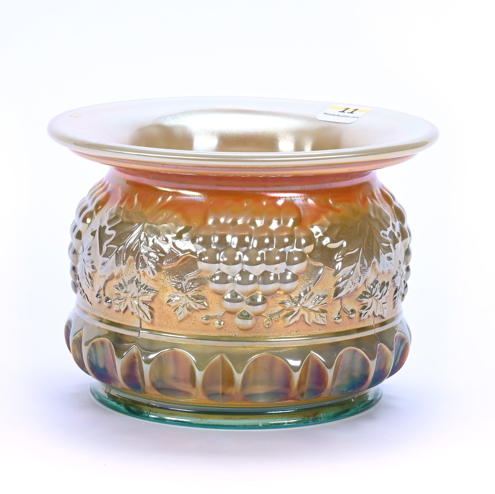 Cuspidor, Fenton Art Glass Limited Edition, Peach Opalescent Over Vaseline: Cuspidor, Fenton Art Glass Limited Edition, Peach Opalescent Over Vaseline, 4.75 x 6.75 x 6.75 Inches, Grape And Cable Pattern, Dated 1981, #13 Of 50, 3.1 Pounds, Private Collection, Missouri. Effecti