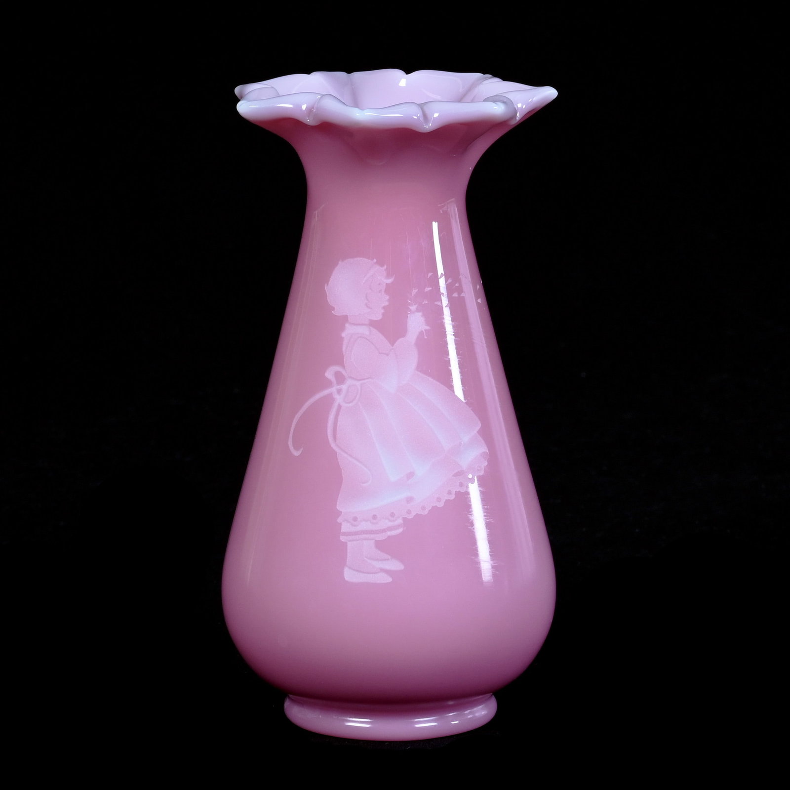 Vase, Fenton Art Glass Limited Edition: Vase, Fenton Art Glass Limited Edition, 7.25 x 3.75 x 3.75 Inches, Rose Quartz, Sand Carved Design Of Young Girl Blowing Dandelion, Circa 1983, Connoisseur Collection, #884 Of 1500, 1.3 Pounds, Privat
