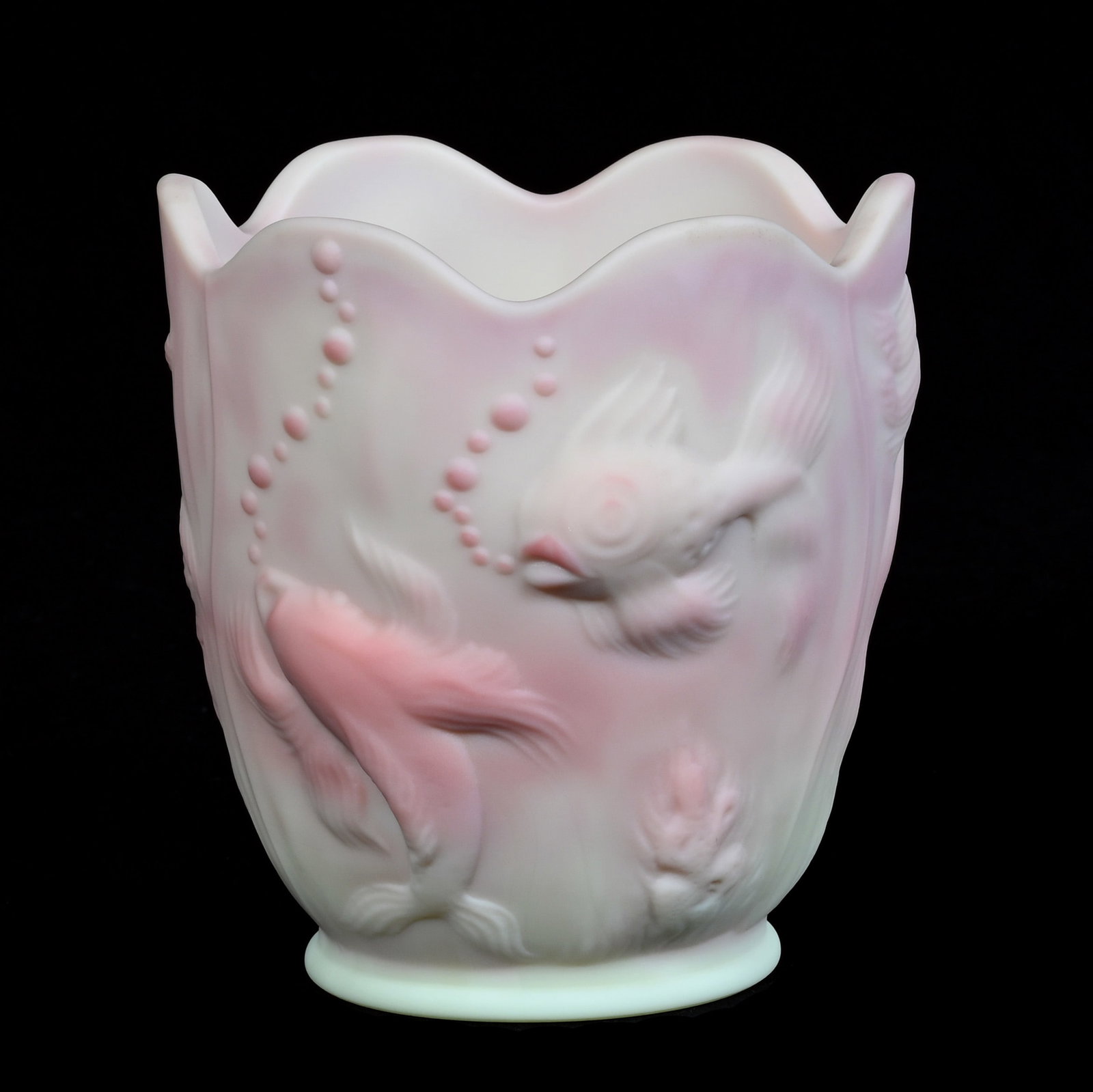 Vase, Burmese Art Glass By Fenton: Vase, Burmese Art Glass By Fenton, 6.5 x 6 x 6 Inches, Atlantis Pattern, Highly Reactive Under Blacklight, 3.3 Pounds, Private Collection, Missouri. Effective 6/6/26, All LiveAuctioneers Invoices Must
