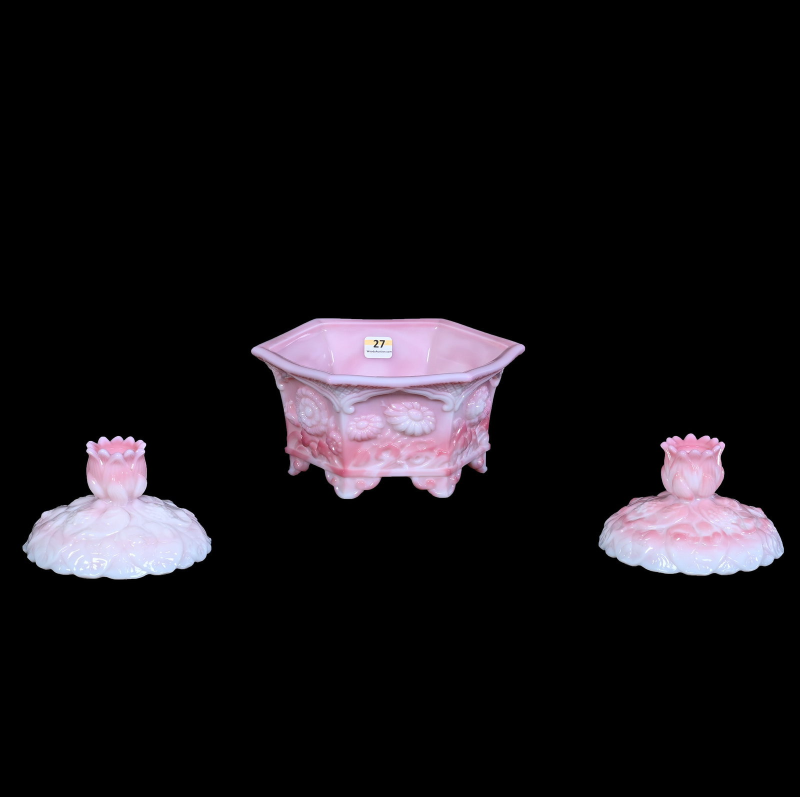 (3) Piece Console Set, Fenton Rosaline Art Glass: (3) Piece Console Set, Fenton Rosaline Art Glass, 7.5 x 7.5 x 4 Inches, (1) Six-Sided Bowl With Embossed Floral Design And (2) 3.25" x 5.25" Candlestick Holders With Water Lily Design, 4.5 Pounds, Pri