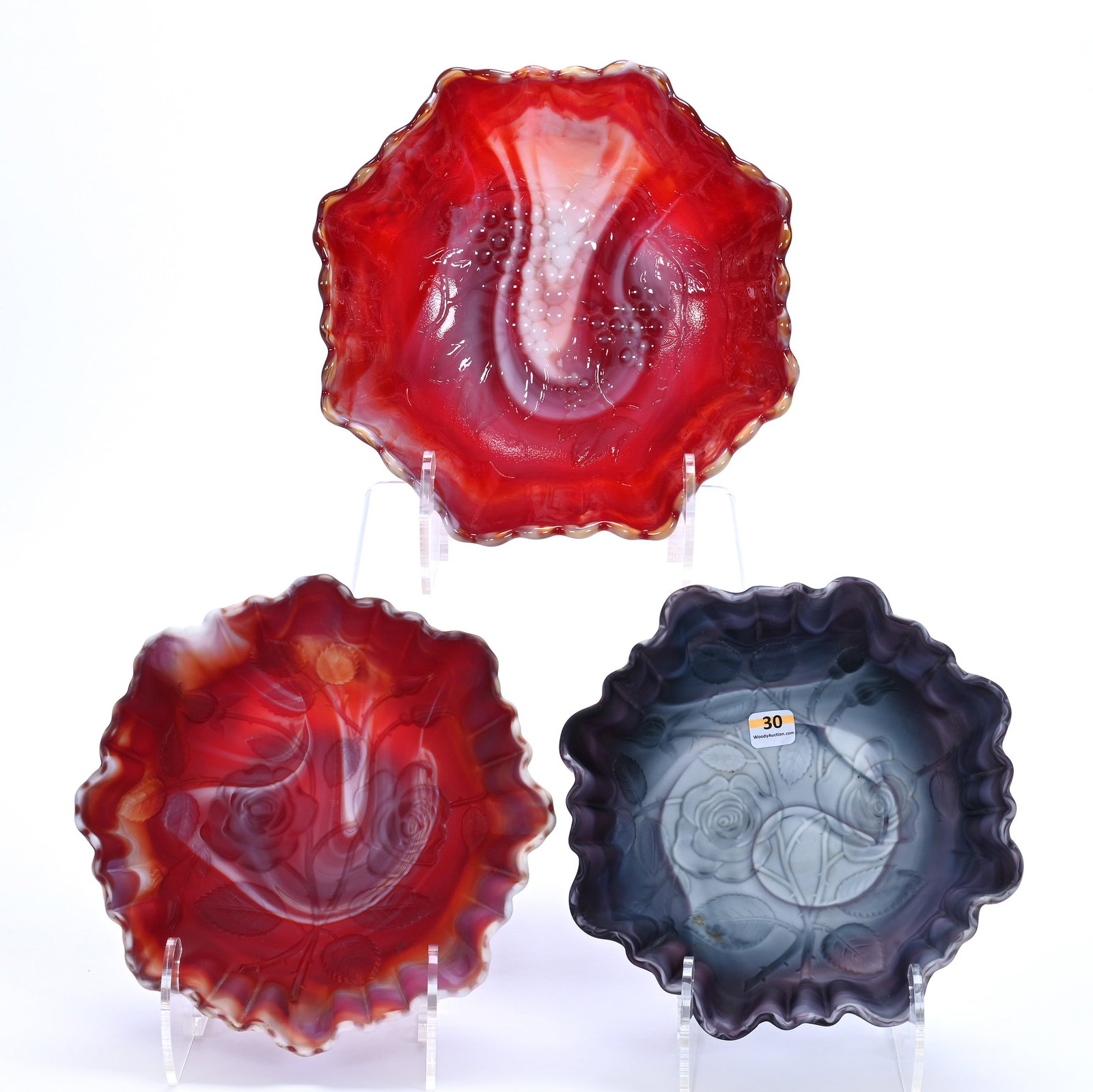 (3) Bowls, Slag Art Glass By Imperial: (3) Bowls, Slag Art Glass By Imperial, 10 x 10 x 3.75 Inches, (1) Grape Pattern, Red Slag Gloss, (1) 9" Rose Pattern, Red Slag Satin, And (1) 9" Rose Pattern, Purple Slag Satin, 7.2 Pounds, Private Co