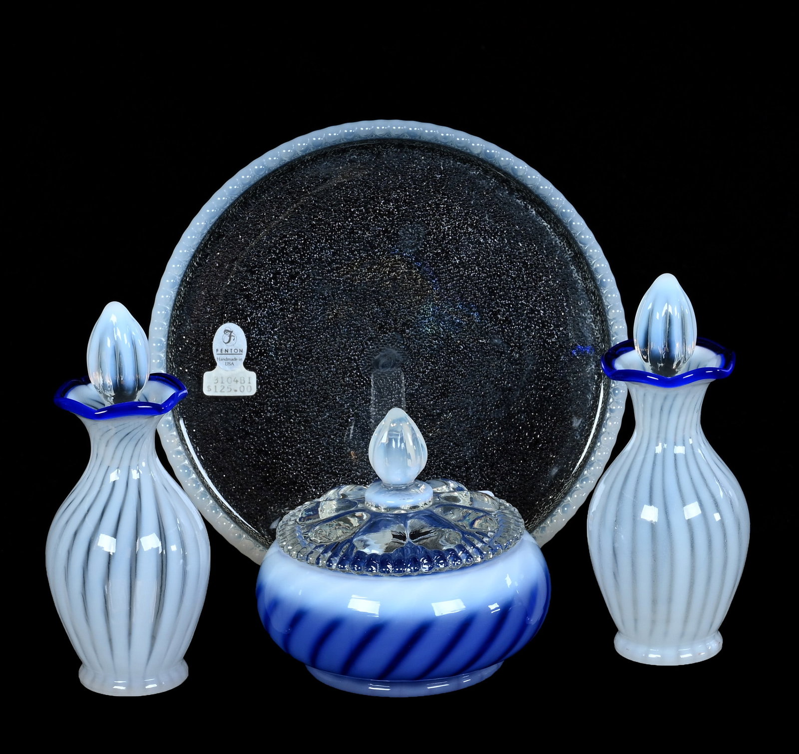 (4) Piece Vanity Set, Fenton Art Glass, Blue Ridge Pattern: (4) Piece Vanity Set, Fenton Art Glass, Blue Ridge Pattern, 6 x 7.25 x 7.25 Inches, Set Includes (2) Perfume Bottles, (1) 4.25" Round Covered Box, And (1) Tray, 2.8 Pounds, Private Collection, Missour