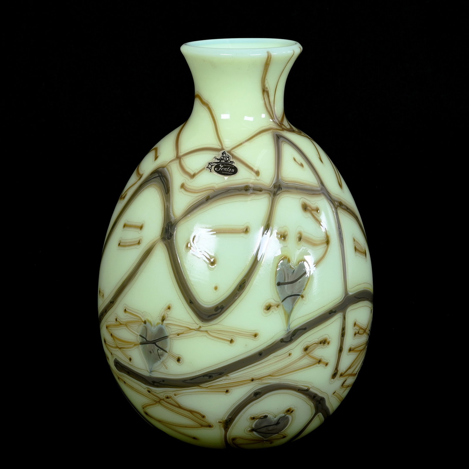 Vase, Fenton Art Glass Limited Edition, Hanging Hearts Pattern: Vase, Fenton Art Glass Limited Edition, Hanging Hearts Pattern, 10.75 x 7 x 7 Inches, Artist Signed DLF (Dave Fetty), Custard Background With Silver And Brown Hanging Heart Design, Dated 1975, #146 Of