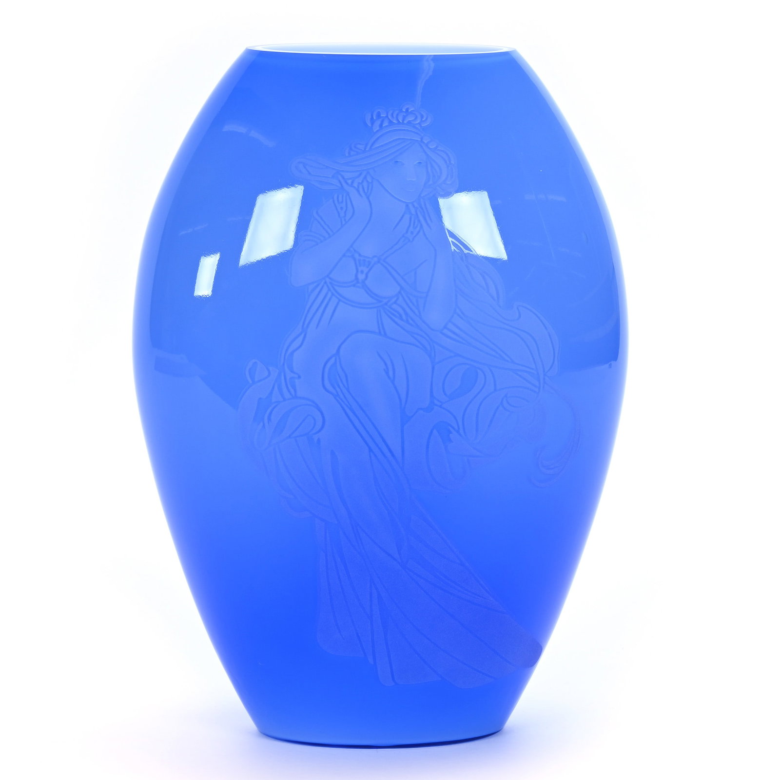 Ovoid Vase, Fenton Art Glass Limited Edition: Ovoid Vase, Fenton Art Glass Limited Edition, 12 x 8.5 x 5.25 Inches, Sand Carved Gabrielle Pattern, Part Of The Connoisseur Series, Light Blue Exterior With White Interior, Circa 1985, #196 Of 800, 3