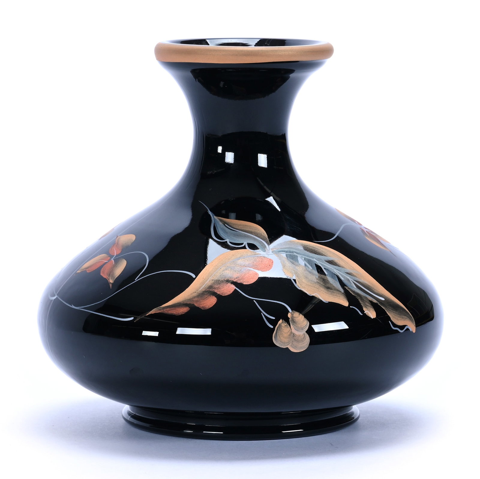 Vase, Fenton Art Glass Black Amethyst: Vase, Fenton Art Glass Black Amethyst, 5 x 5.5 x 5.5 Inches, Hand Painted Autumn Leaf Design, Artist Signed Spindler, 0.9 Pounds, Private Collection, Missouri. Effective 6/6/26, All LiveAuctioneers In