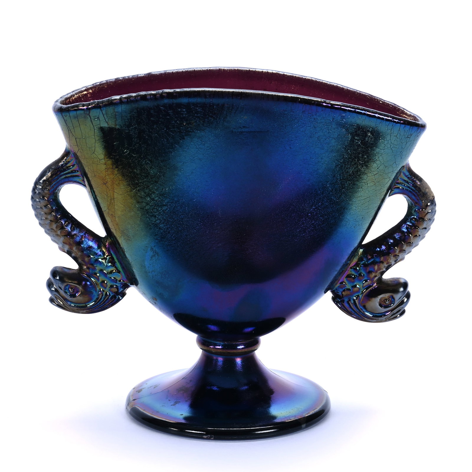 Pedestal Fan Vase With Dolphin Handles, Amethyst Stretch Glass By Fenton: Pedestal Fan Vase With Dolphin Handles, Amethyst Stretch Glass By Fenton, 6 x 7 x 3.5 Inches, Circa 1970s, 1.3 Pounds, Private Collection, Missouri. Effective 6/6/26, All LiveAuctioneers Invoices Must