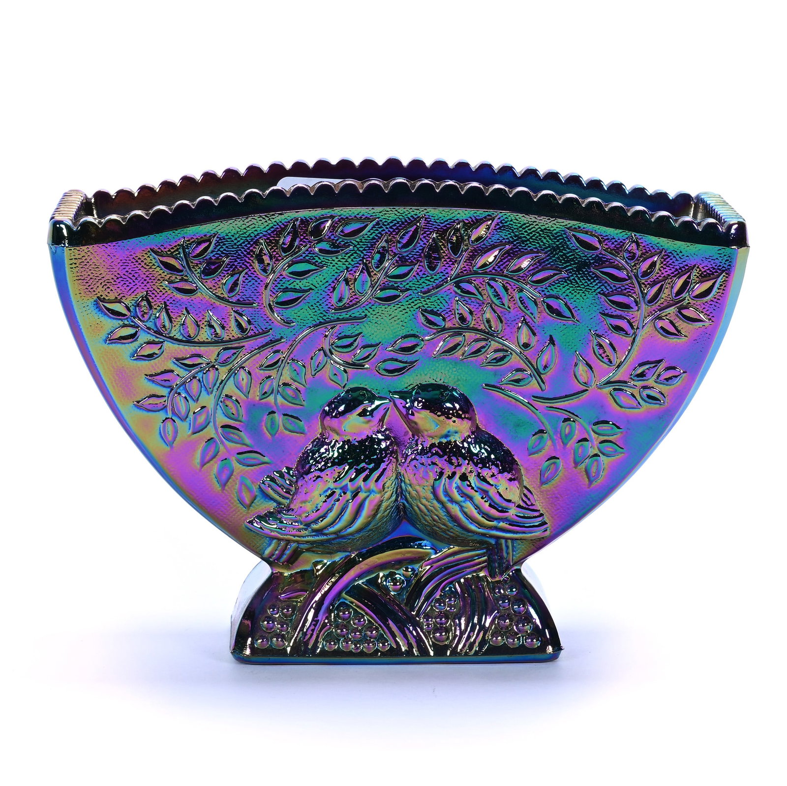 Rectangular Vase, Iridescent Fenton Art Glass: Rectangular Vase, Iridescent Fenton Art Glass, 6.5 x 3 x 4.75 Inches, Lovebirds Pattern, Dark Amethyst, 1.9 Pounds, Private Collection, Missouri. Effective 6/6/26, All LiveAuctioneers Invoices Must Be
