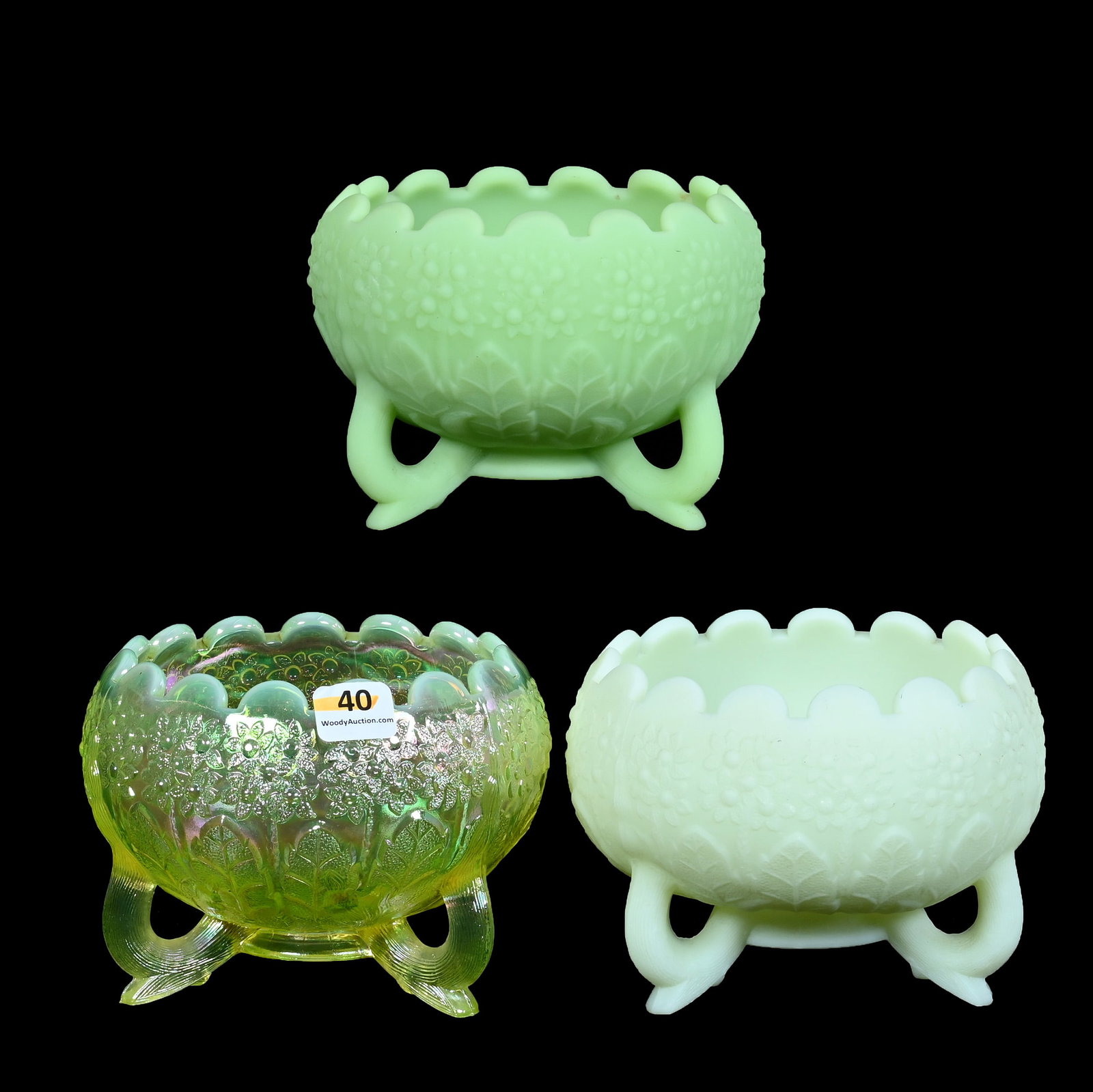 (3) Three Footed Rose Bowls, Modern Fenton Art Glass, Orange Tree Pattern: (3) Three Footed Rose Bowls, Modern Fenton Art Glass, Orange Tree Pattern, 5.5 x 5.5 x 4 Inches, (1) Vaseline Opalescent, (1) Custard, And (1) Lime Green, All Highly Reactive Under Blacklight, 4.5 Pou
