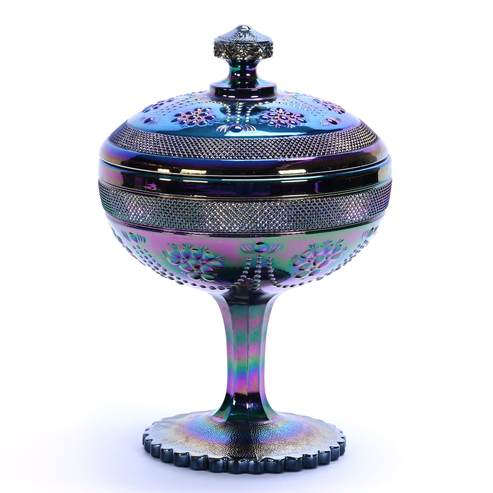 Covered Compote, Dealer Promotion By Imperial/Lenox Glass: Covered Compote, Dealer Promotion By Imperial/Lenox Glass, 9.75 x 6.5 x 6.5 Inches, Iridescent Amethyst, Heartland Pattern, Dated 1981, 3.3 Pounds, Private Collection, Missouri. Effective 6/6/26, All 