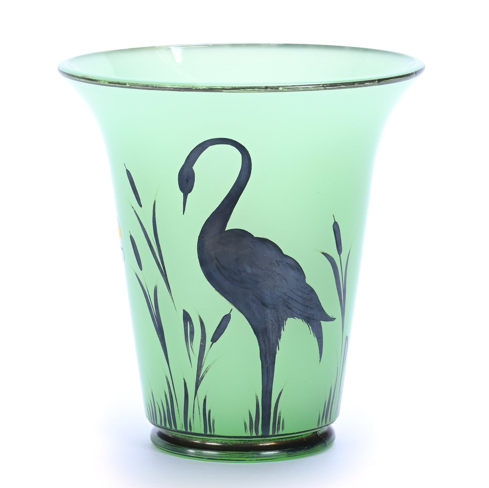 Vase, Vintage Beaumont Art Glass: Vase, Vintage Beaumont Art Glass , 6.25 x 5.75 x 5.75 Inches, Green Jade With Silver Heron Design, Fer-Lux Line, Circa 1920s, 1.6 Pounds, Private Collection, Missouri. Effective 6/6/26, All LiveAuctio