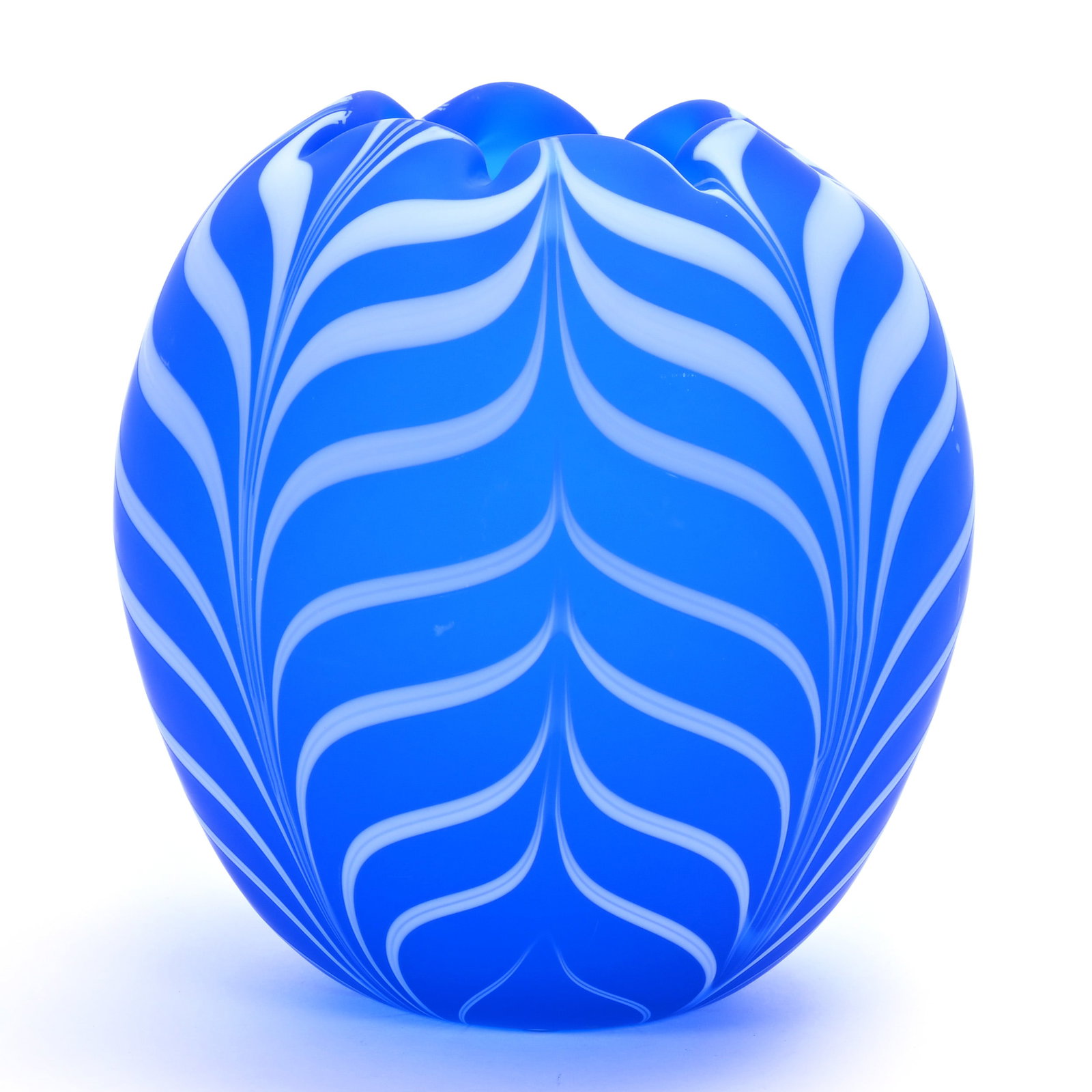 Vase, Unmarked Fenton: Vase, Unmarked Fenton, 7.75 x 7 x 7 Inches, Blue Satin And Feathered White Art Glass, Designed By Robert Barber And Crafted By Dave Fetty, Circa 1975, No Visible Markings, 6.3 Pounds, Private Collecti