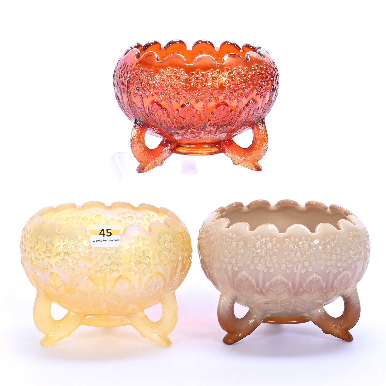 (3) Three Footed Rose Bowls, Modern Fenton Art Glass, Orange Tree Pattern (1 of 3)