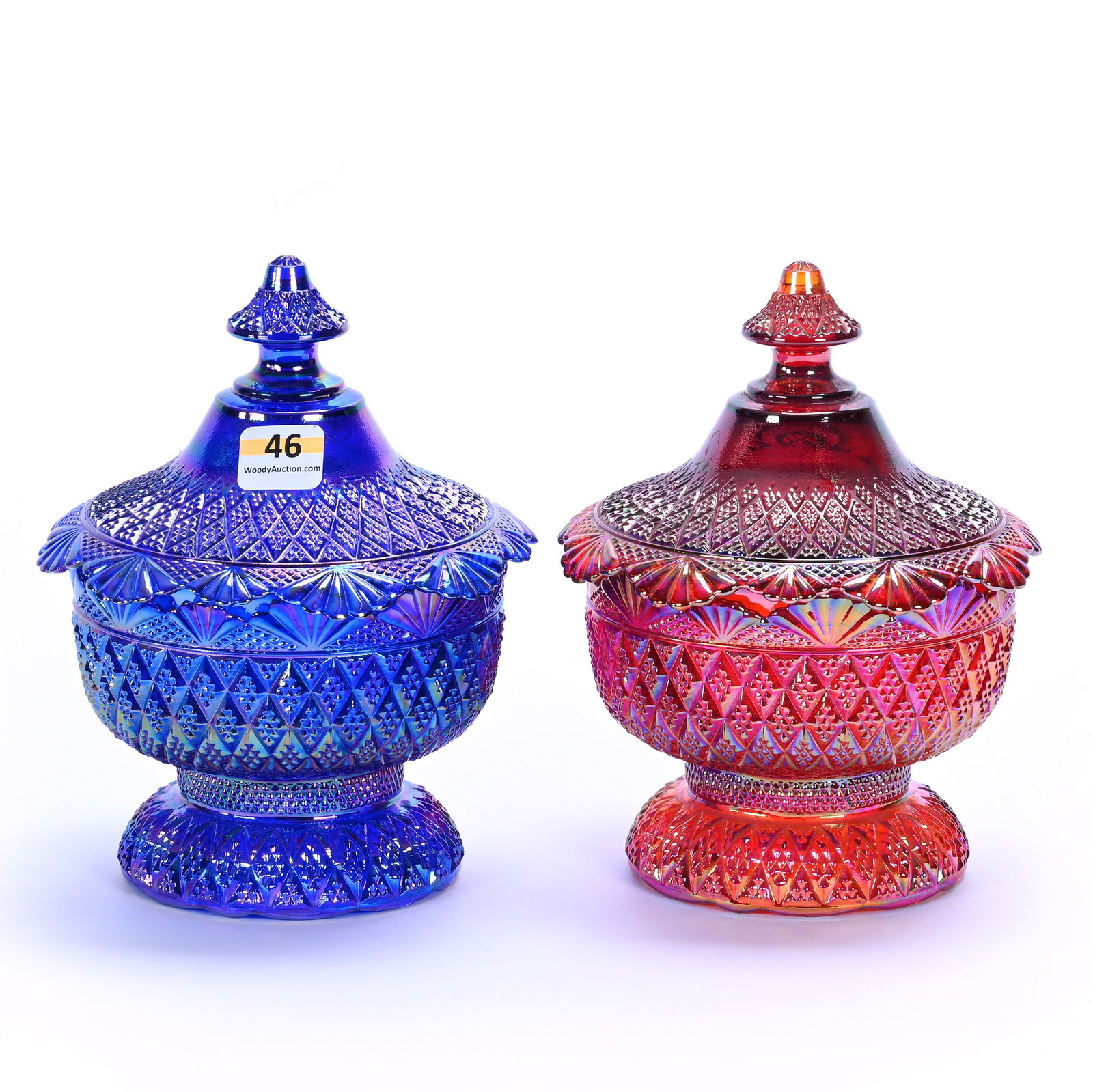 (2) Pedestal Covered Candy Dishes, Iridescent Fenton Art Glass: (2) Pedestal Covered Candy Dishes, Iridescent Fenton Art Glass, 6.75 x 5.5 x 5.5 Inches, Pagoda Pattern, (1) Blue And (1) Amberina, 3.8 Pounds, Private Collection, Missouri. Effective 6/6/26, All Live