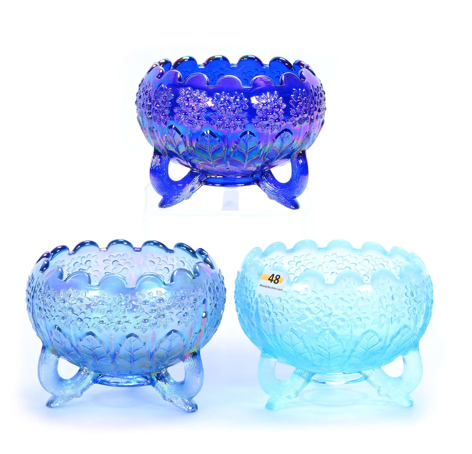 (3) Three Footed Rose Bowls, Modern Fenton Art Glass, Orange Tree Pattern: (3) Three Footed Rose Bowls, Modern Fenton Art Glass, Orange Tree Pattern, 5.5 x 5.5 x 4 Inches, (1) Cobalt Blue, Has Foot Nick (1) Blue Opalescent, And (1) Twilight Blue, 4.5 Pounds, Private Collecti
