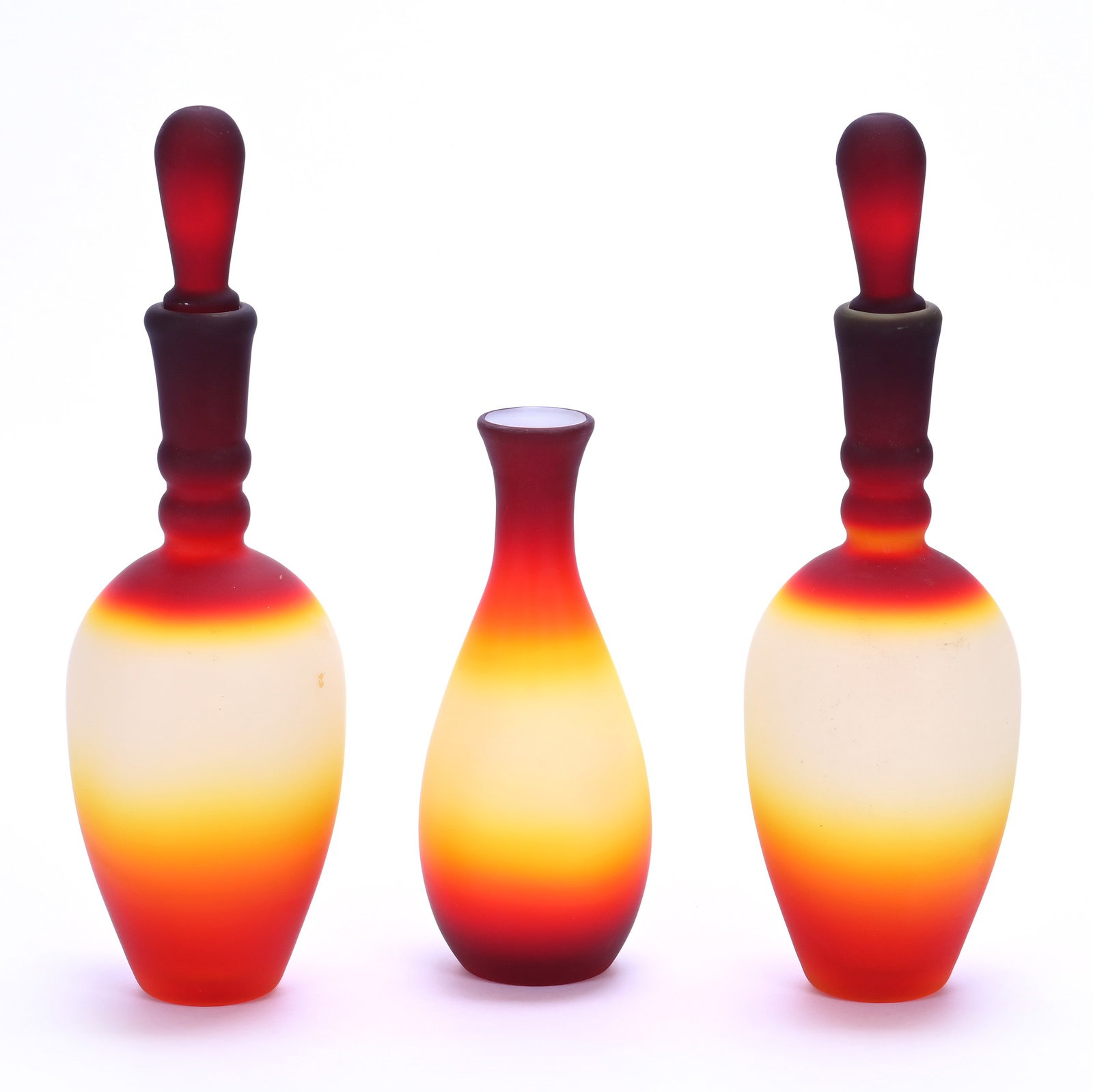 (2) Decanters And (1) Vase, Peach Blow Art Glass By Imperial: (2) Decanters And (1) Vase, Peach Blow Art Glass By Imperial, 13.25 x 3.75 x 3.75 Inches, Vase Is 8.5" Tall, One Decanter Has Surface Nick Near Rim, 5.1 Pounds, Private Collection, Missouri. Effective