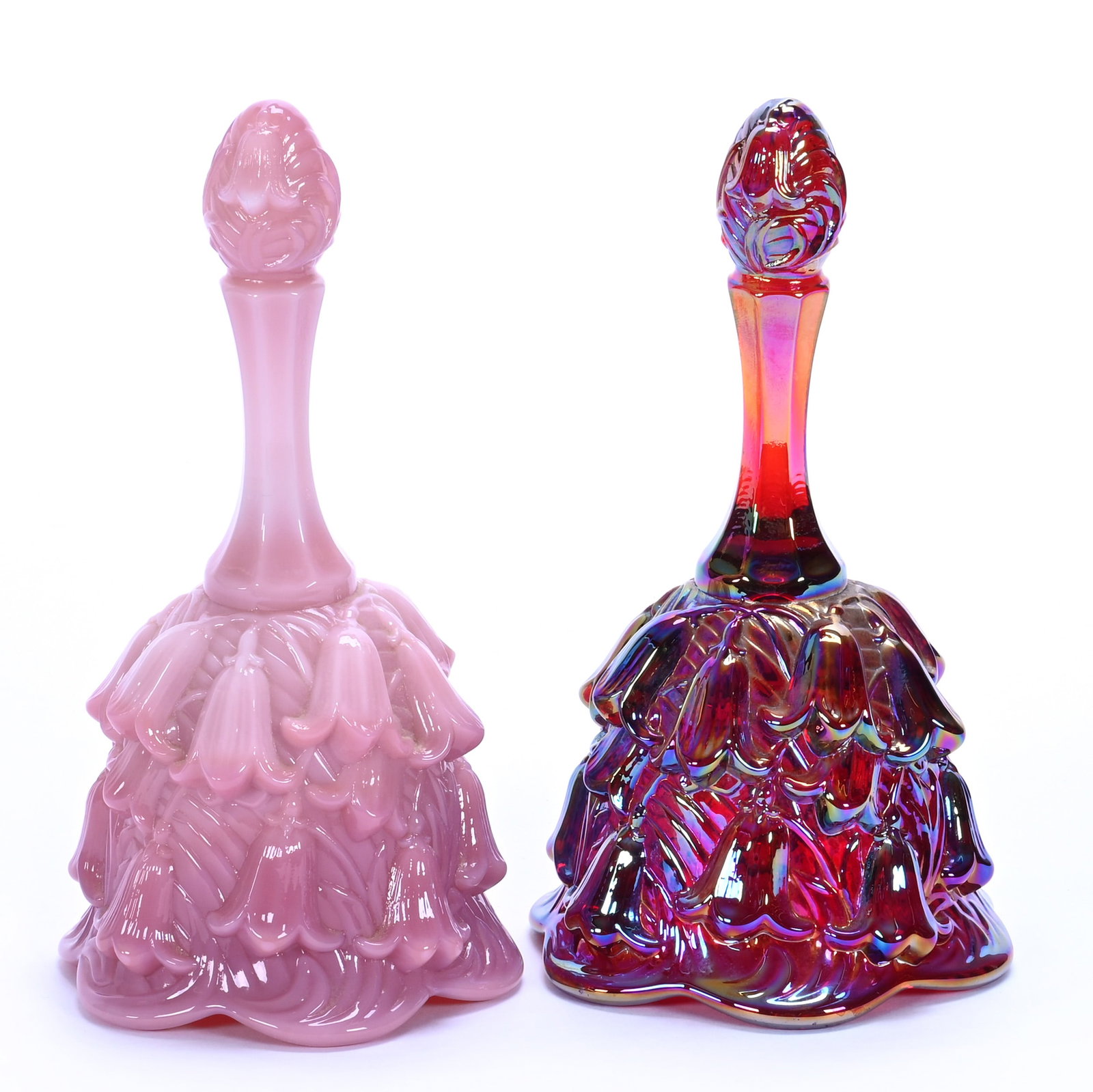 (2) Bells, Fenton Art Glass, Lily Of The Valley Pattern: (2) Bells, Fenton Art Glass, Lily Of The Valley Pattern, 6.5 x 3.5 x 3.5 Inches, (1) Dusty Rose And (1) Red, 1.4 Pounds, Private Collection, Missouri. Effective 6/6/26, All LiveAuctioneers Invoices Mu