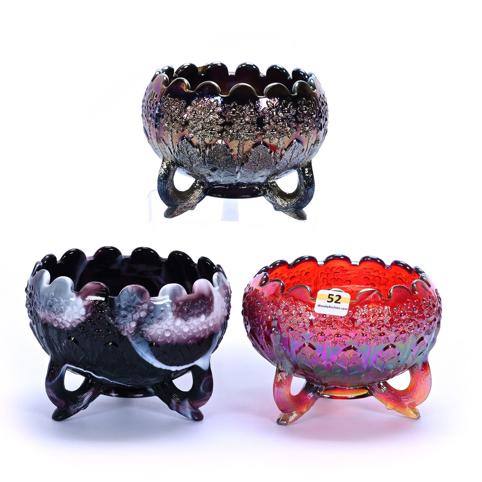 (3) Three Footed Rose Bowls, Modern Fenton Art Glass, Orange Tree Pattern: (3) Three Footed Rose Bowls, Modern Fenton Art Glass, Orange Tree Pattern, 5.5 x 5.5 x 4 Inches, (1) Red, Has Foot Chip (1) Purple Slag, And (1) Amethyst, 4.2 Pounds, Private Collection, Missouri. Eff
