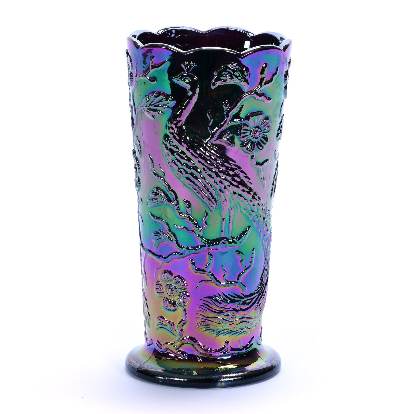 Vase, Fenton Art Glass, Peacock Pattern: Vase, Fenton Art Glass, Peacock Pattern, 7.75 x 3.75 x 3.75 Inches, Iridescent Black Amethyst, 2.4 Pounds, Private Collection, Missouri. Effective 6/6/26, All LiveAuctioneers Invoices Must Be Paid Usi
