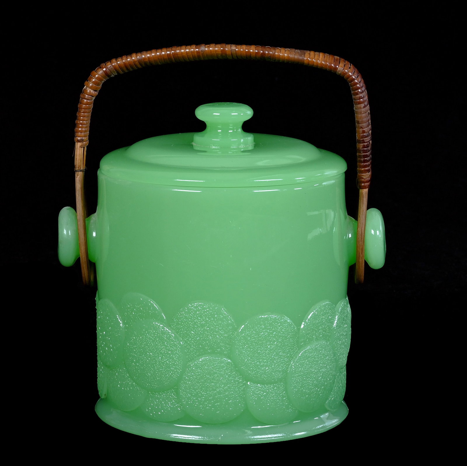 Macaroon Jar/Ice Tub, Fenton Art Glass, Big Cookies Pattern: Macaroon Jar/Ice Tub, Fenton Art Glass, Big Cookies Pattern , 7 x 7 x 5.75 Inches, Green Jade With Original Lid And Wicker Handle, Circa 1930s, 3.5 Pounds, Private Collection, Missouri. Effective 6/6/