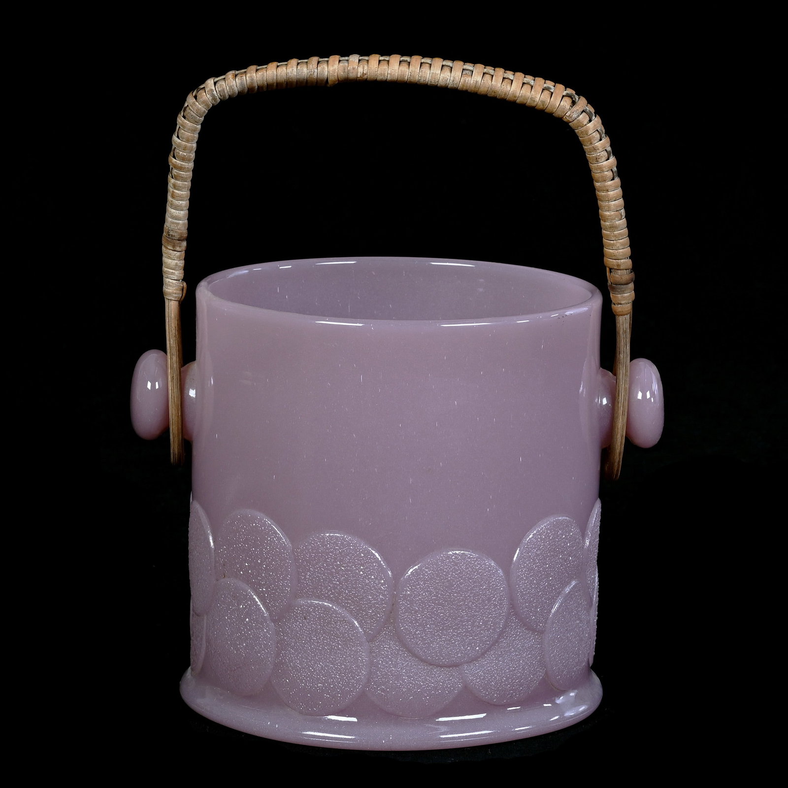 Macaroon Jar/Ice Tub, Fenton Art Glass, Big Cookies Pattern: Macaroon Jar/Ice Tub, Fenton Art Glass, Big Cookies Pattern, 5.5 x 7 x 5.75 Inches, Lilac With Original Wicker Handle, No Lid, Circa 1930s, 2.8 Pounds, Private Collection, Missouri. Effective 6/6/26, 