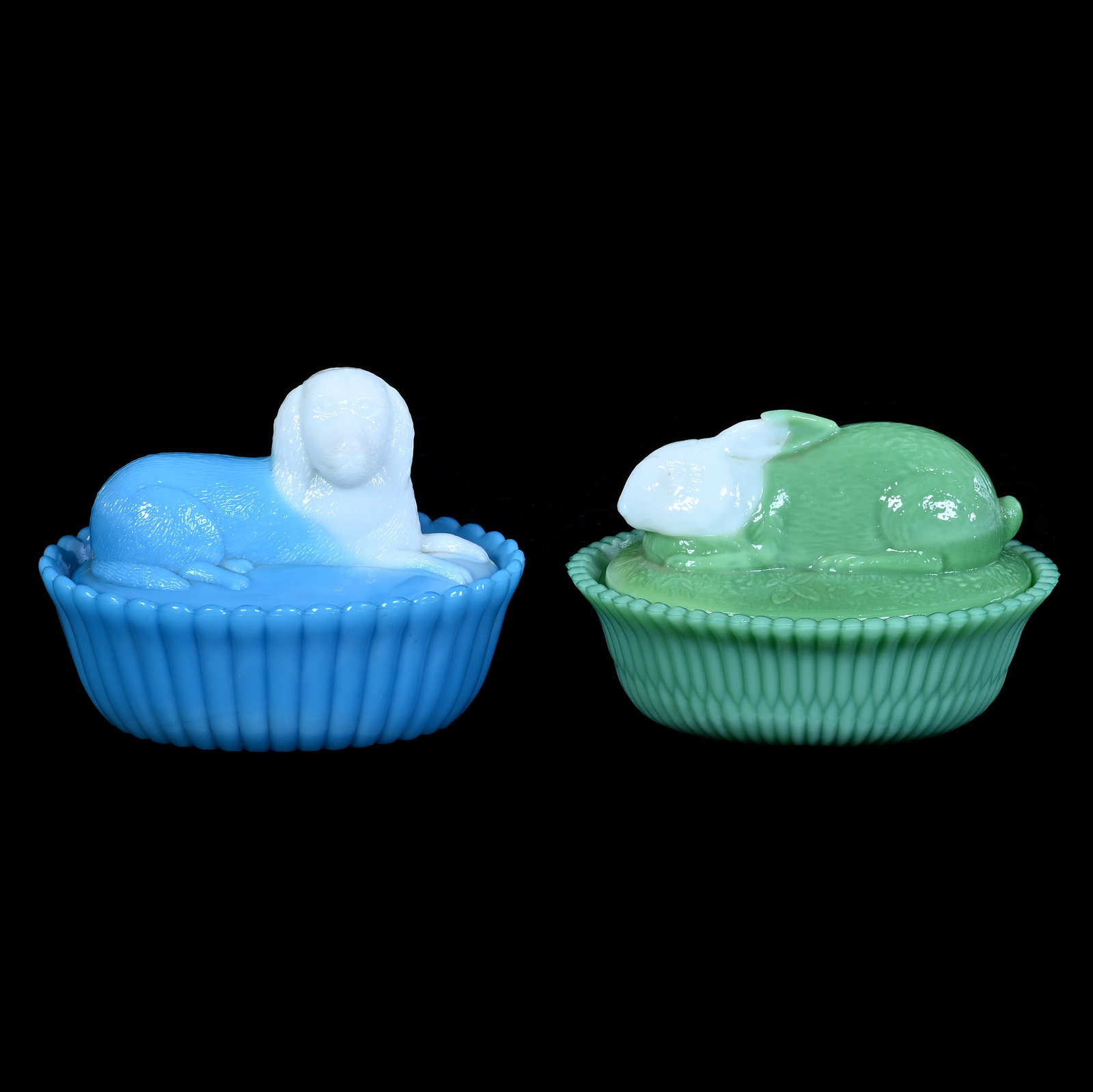 (2) Figural Covered Dishes By Westmoreland: (2) Figural Covered Dishes By Westmoreland, 4 x 5.25 x 4 Inches, (1) Blue And White Milk Glass, Dog At Rest, And (1) Green And White Milk Glass, Rabbit At Rest, 2.1 Pounds, Private Collection, Missour