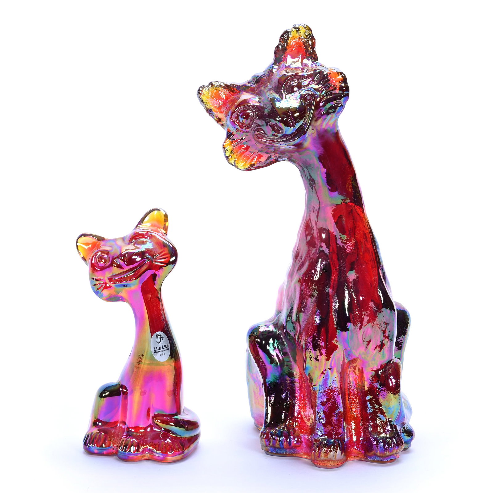 (2) Alley Cat Figures By Fenton (Also Known As Winking/Smiley Cat): (2) Alley Cat Figures By Fenton (Also Known As Winking/Smiley Cat) , 10.75 x 5.5 x 4 Inches, Amberina, Smaller 6" Cat Marked FAGCA (Fenton Art Glass Collectors Of America), 4.2 Pounds, Private Collect