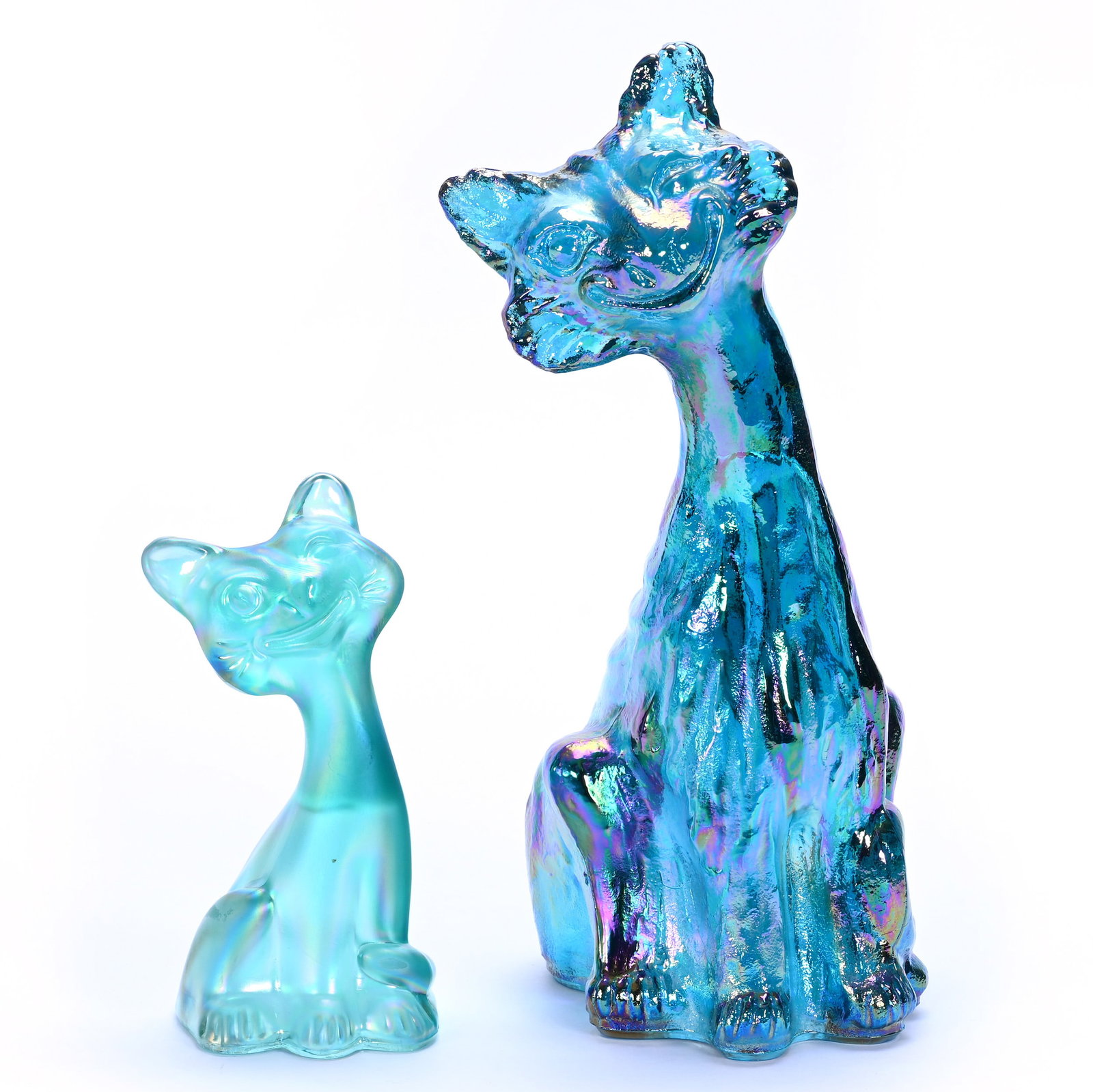 (2) Alley Cat Figures By Fenton (Also Known As Winking/Smiley Cat): (2) Alley Cat Figures By Fenton (Also Known As Winking/Smiley Cat) , 10.75 x 5.5 x 4 Inches, Iridescent Teal, Smaller 6" Cat Marked FAGCA (Fenton Art Glass Collectors Of America), 4.1 Pounds, Private 