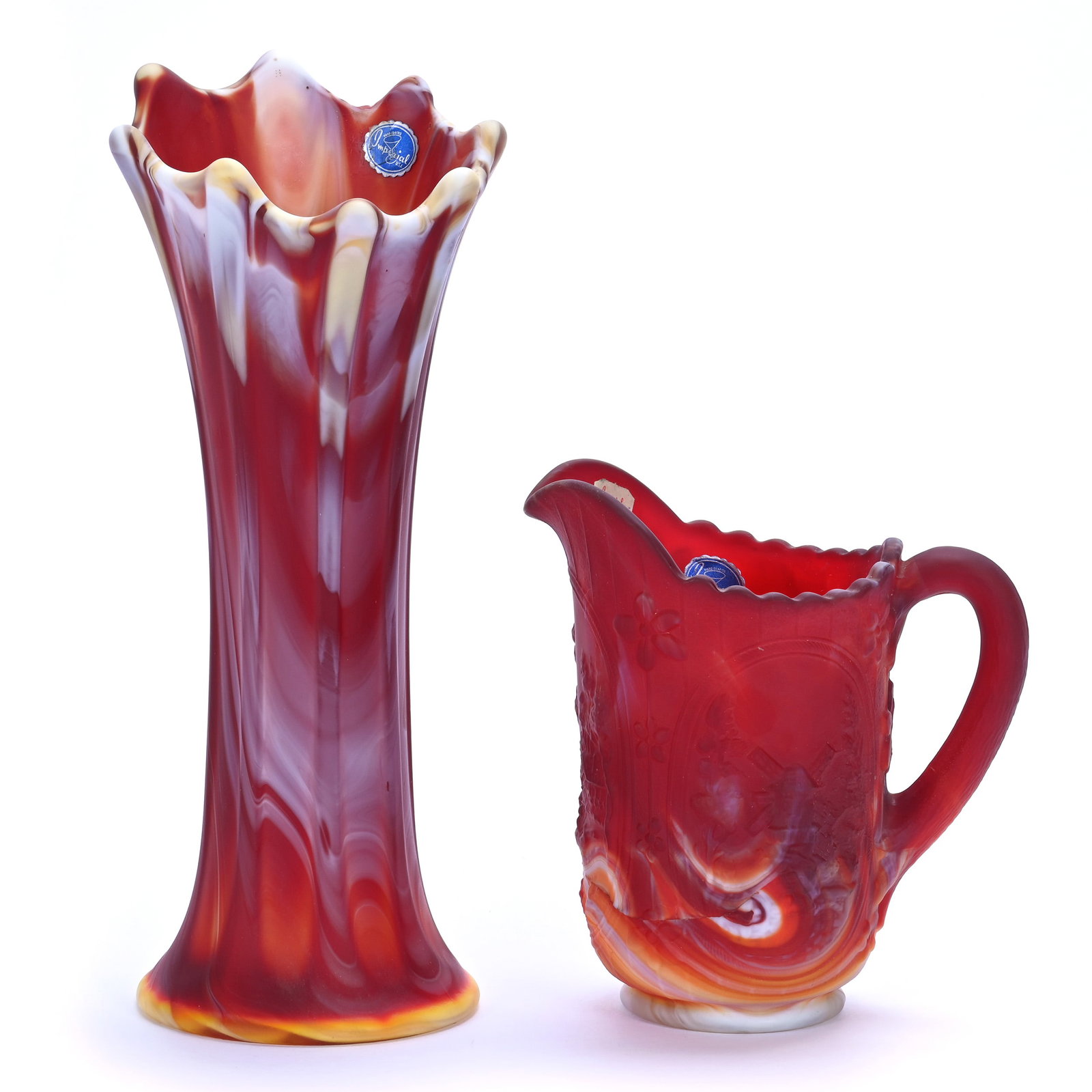 Vase And Pitcher, Red Slag Satin, End Of Day Series By Imperial: Vase And Pitcher, Red Slag Satin, End Of Day Series By Imperial, 11.25 x 4.5 x 5 Inches, Pitcher Is 6.5" x 6", Windmill Pattern, 3.6 Pounds, Private Collection, Missouri. Effective 6/6/26, All LiveAuc