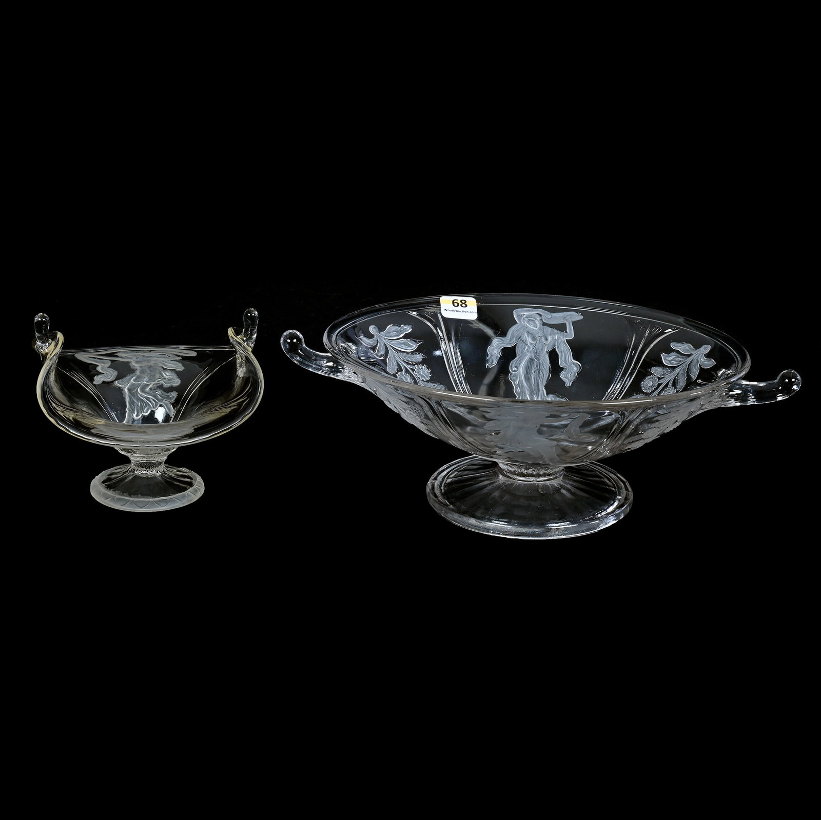 Pedestal Two Handled Bowl And Dish: Pedestal Two Handled Bowl And Dish, 12 x 7.25 x 4 Inches, Dancing Ladies Pattern, Clear Glass, Attributed To Fenton, Circa 1930s, Small Dish Measure 4.5" x 6.5", 2.6 Pounds, Private Collection, Missou