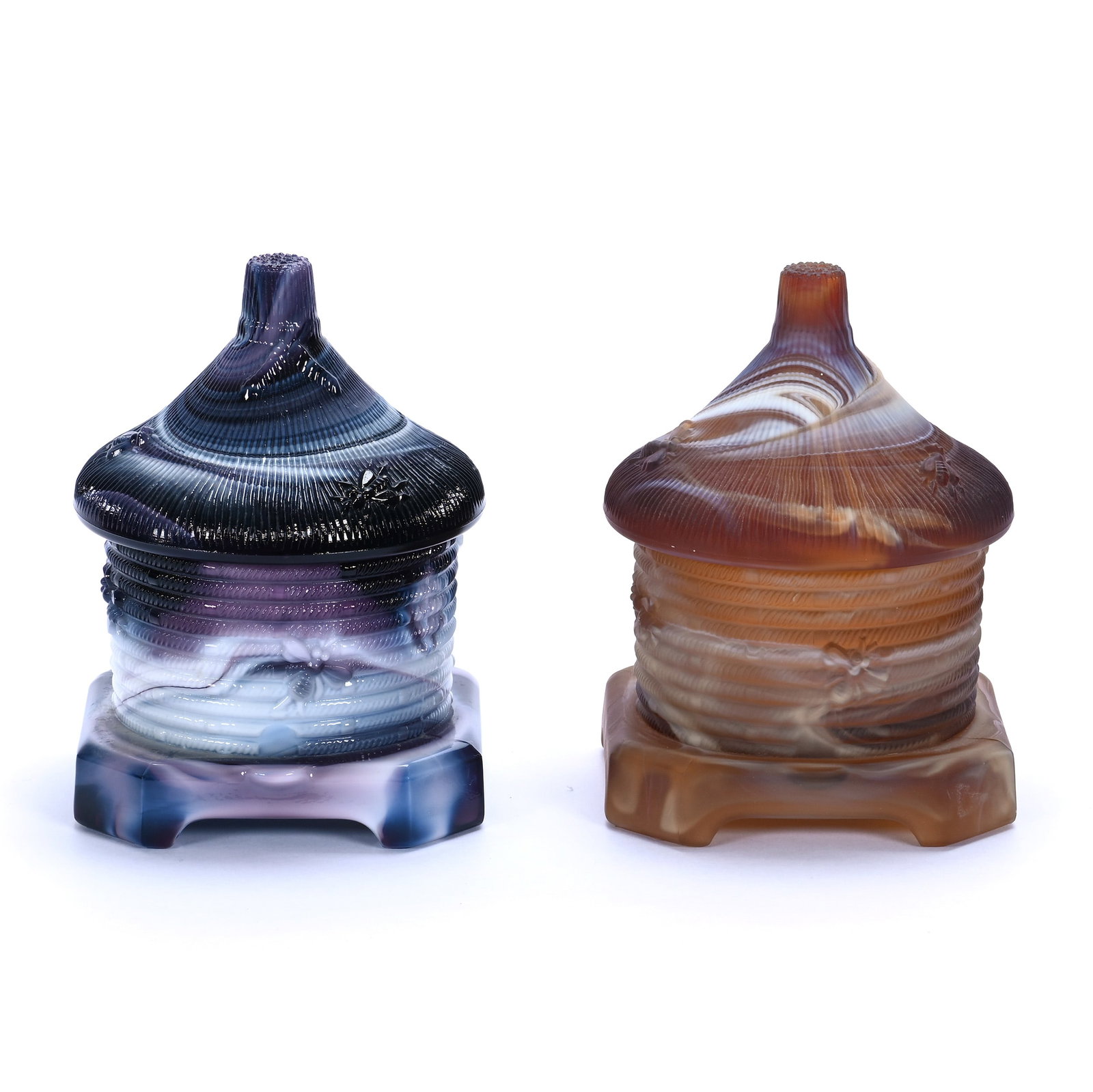 (2) Figural Covered Candy Jars, Slag Glass Beehive Design By Imperial: (2) Figural Covered Candy Jars, Slag Glass Beehive Design By Imperial, 5 x 3.75 x 3.75 Inches, (1) Purple Slag And (1) Caramel Slag, 2.4 Pounds, Private Collection, Missouri. Effective 6/6/26, All Liv