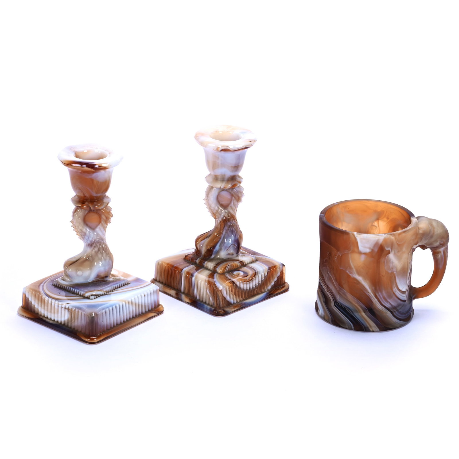 Pair Of Candlesticks And Child's Mug, Caramel Slag By Imperial (1 of 3)