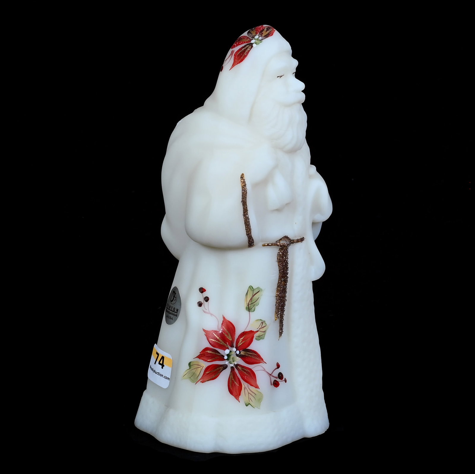 Figurine, Fenton Custard Art Glass Santa Claus: Figurine, Fenton Custard Art Glass Santa Claus, 8 x 3.75 x 3.5 Inches, Hand Painted Poinsettia Decor, Artist Signed C. Smith, Inner Ring Base Nicks, 2.2 Pounds, Private Collection, Missouri. Effective