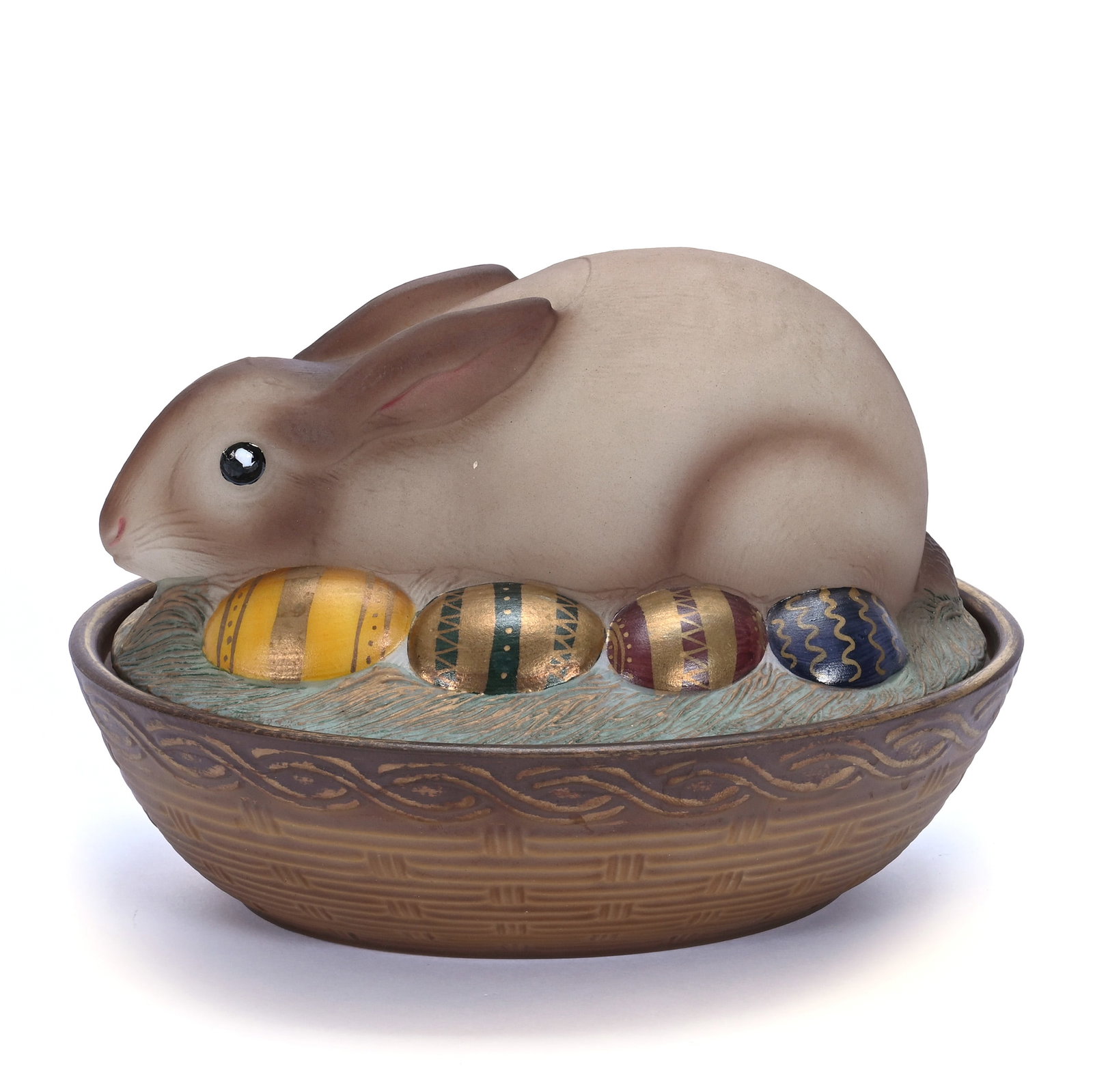 Figural Covered Dish, Fenton Folk Art Collection Series, Rabbit On Nest: Figural Covered Dish, Fenton Folk Art Collection Series, Rabbit On Nest, 4.75 x 7.25 x 5.5 Inches, Hand Painted By J. Reynolds, 2.4 Pounds, Private Collection, Missouri. Effective 6/6/26, All LiveAuct