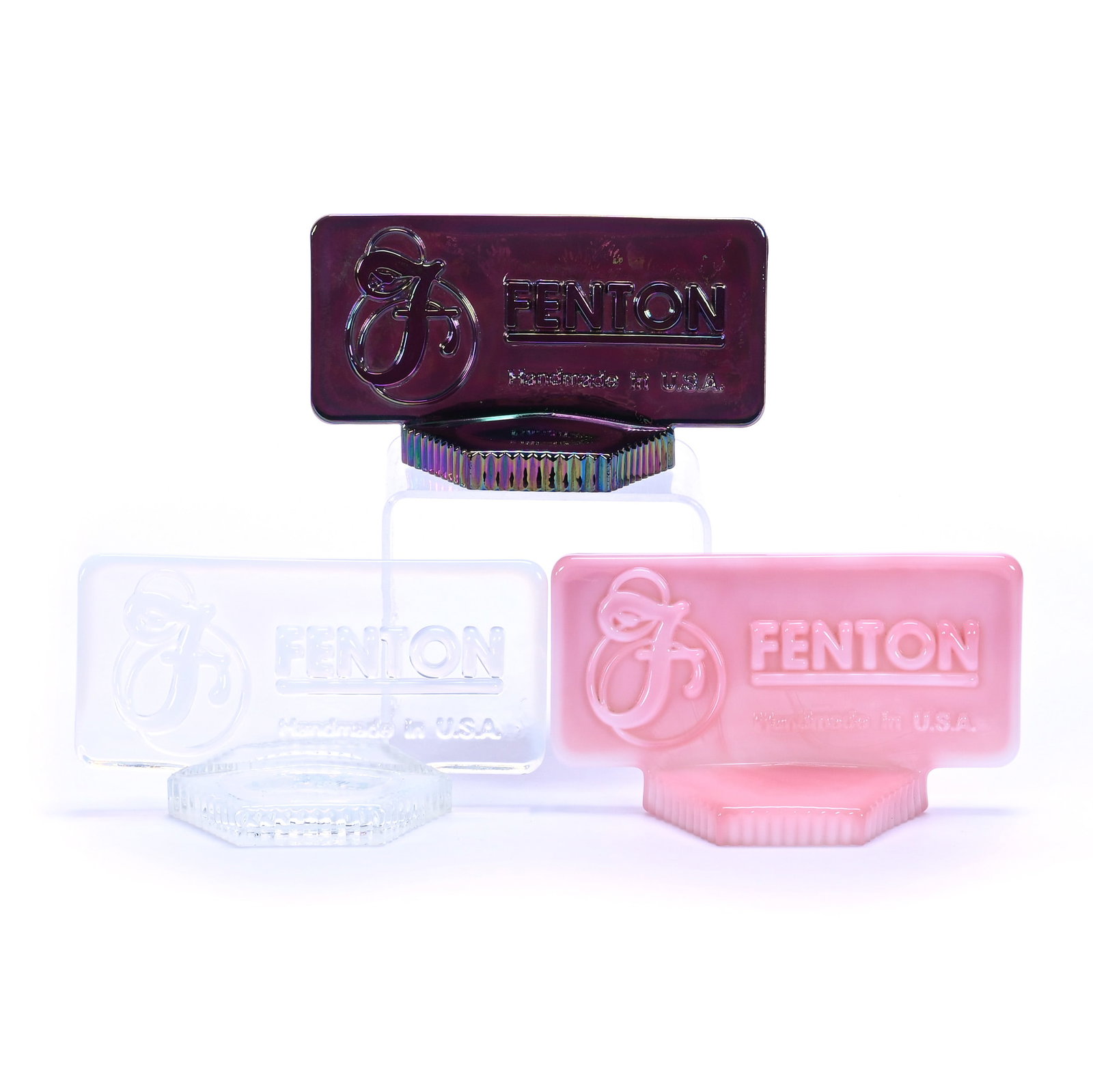 (3) Dealer Signs, Fenton Art Glass: (3) Dealer Signs, Fenton Art Glass, 5 x 2.5 x 2.75 Inches, (1) Clear Opalescent, (1) Iridescent Amethyst, And (1) Rosaline, 1.8 Pounds, Private Collection, Missouri. Effective 6/6/26, All LiveAuctione