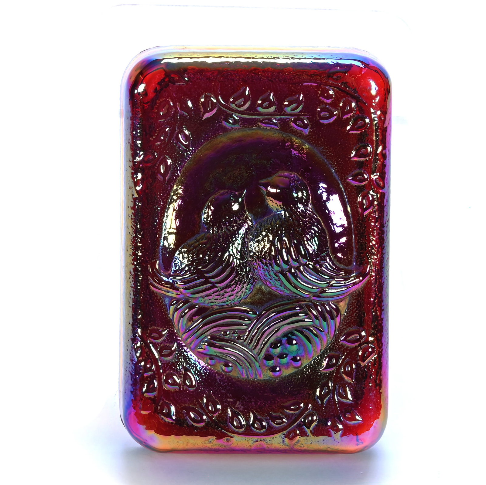 Paperweight, Fenton Art Glass: Paperweight, Fenton Art Glass, 4 x 2.75 x 1 Inches, Iridescent Red/Amberina, Embossed Lovebirds Design, 0.8 Pounds, Private Collection, Missouri. Effective 6/6/26, All LiveAuctioneers Invoices Must Be