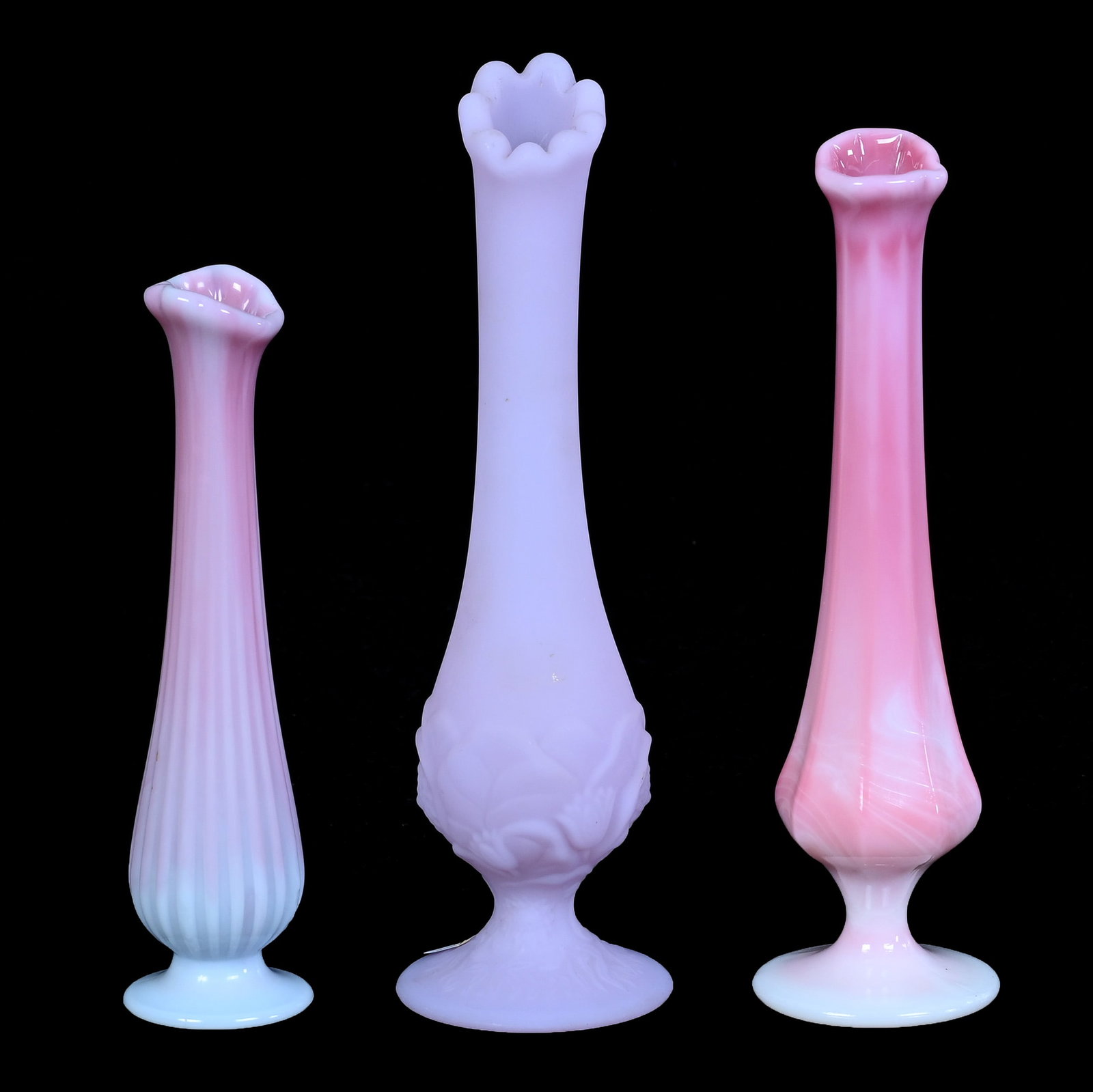 (3) Bud Vases, Fenton Art Glass: (3) Bud Vases, Fenton Art Glass, 9.25 x 2.75 x 2.75 Inches, (1) Lavender Satin With Embossed Water Lily Design, (1) 8.5" Rosaline, And (1) 7.25" Rosaline Ribbed Pattern, 1.6 Pounds, Private Collection