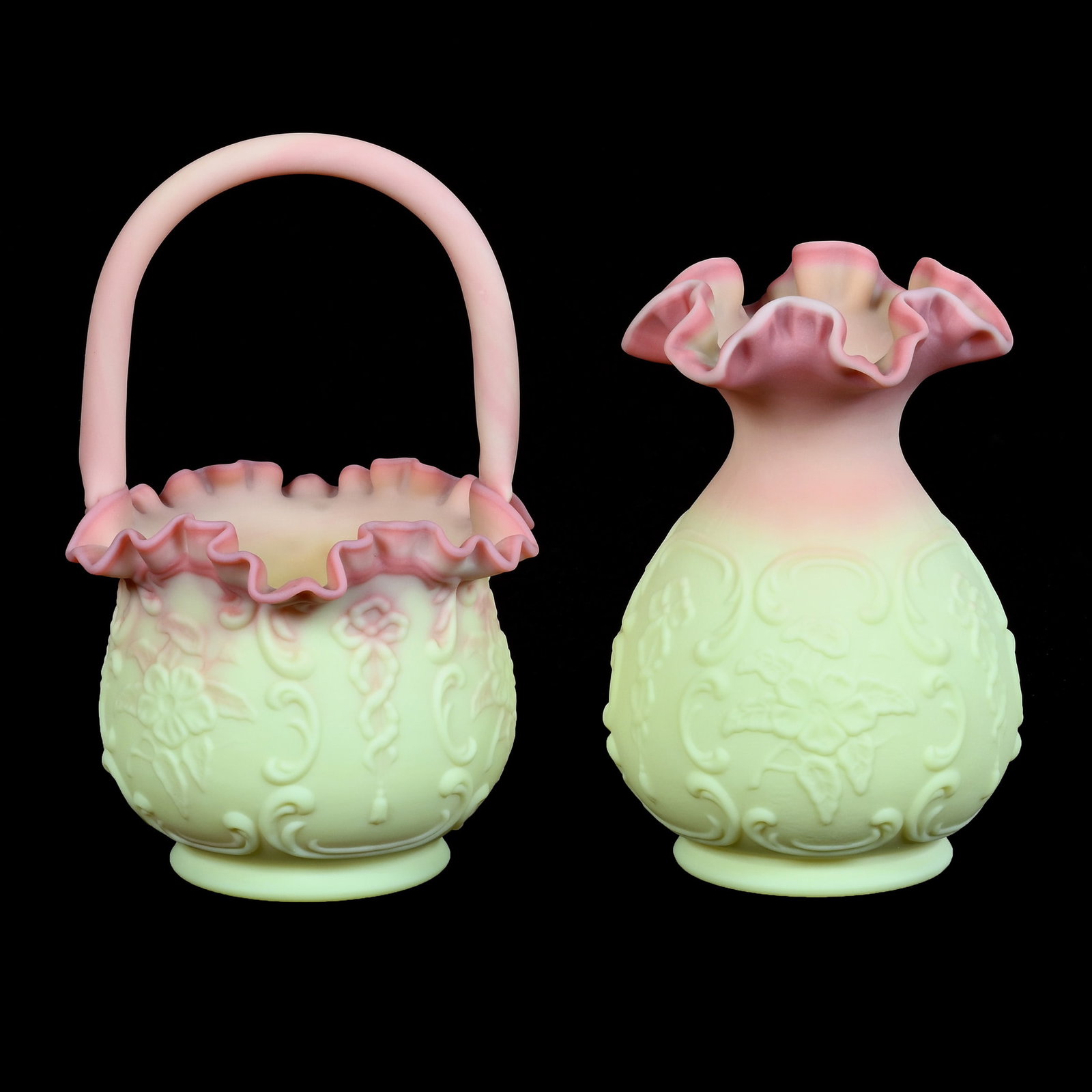 Basket And Vase, Burmese Art Glass By Fenton: Basket And Vase, Burmese Art Glass By Fenton, 9 x 5.5 x 6 Inches, Both Feature Embossed Floral And Scroll Design, Vase Is 7.5" Tall, 3.3 Pounds, Private Collection, Missouri. Effective 6/6/26, All Liv