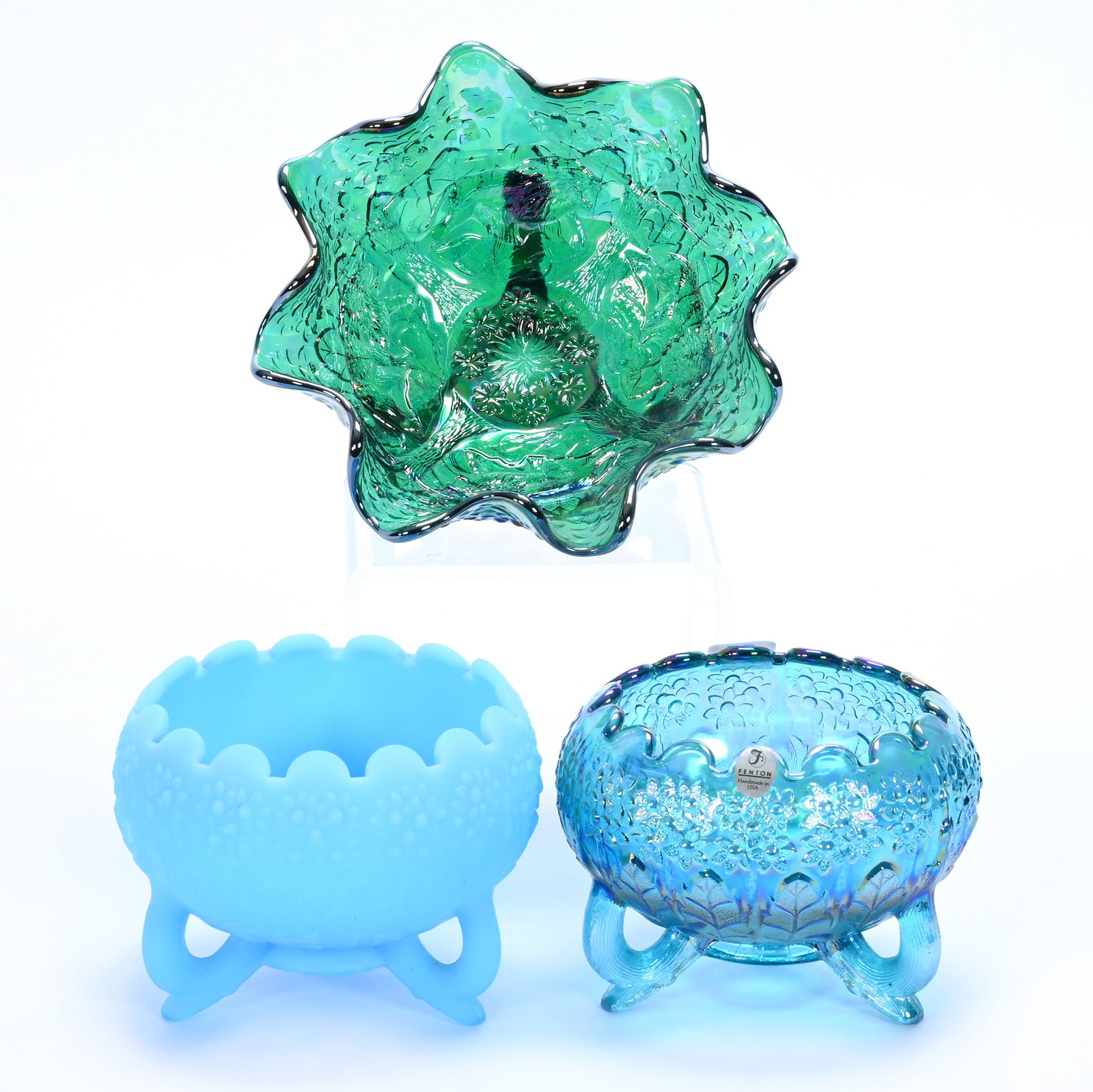 (2) Rose Bowls And (1) Whimsy Bowl, Modern Fenton Art Glass: (2) Rose Bowls And (1) Whimsy Bowl, Modern Fenton Art Glass, 5.5 x 5.5 x 4 Inches, (1) Orange Tree Pattern, Iridescent Teal, (1) Orange Tree Pattern, Blue Satin, And (1) 7" Orange Tree Exterior And Li
