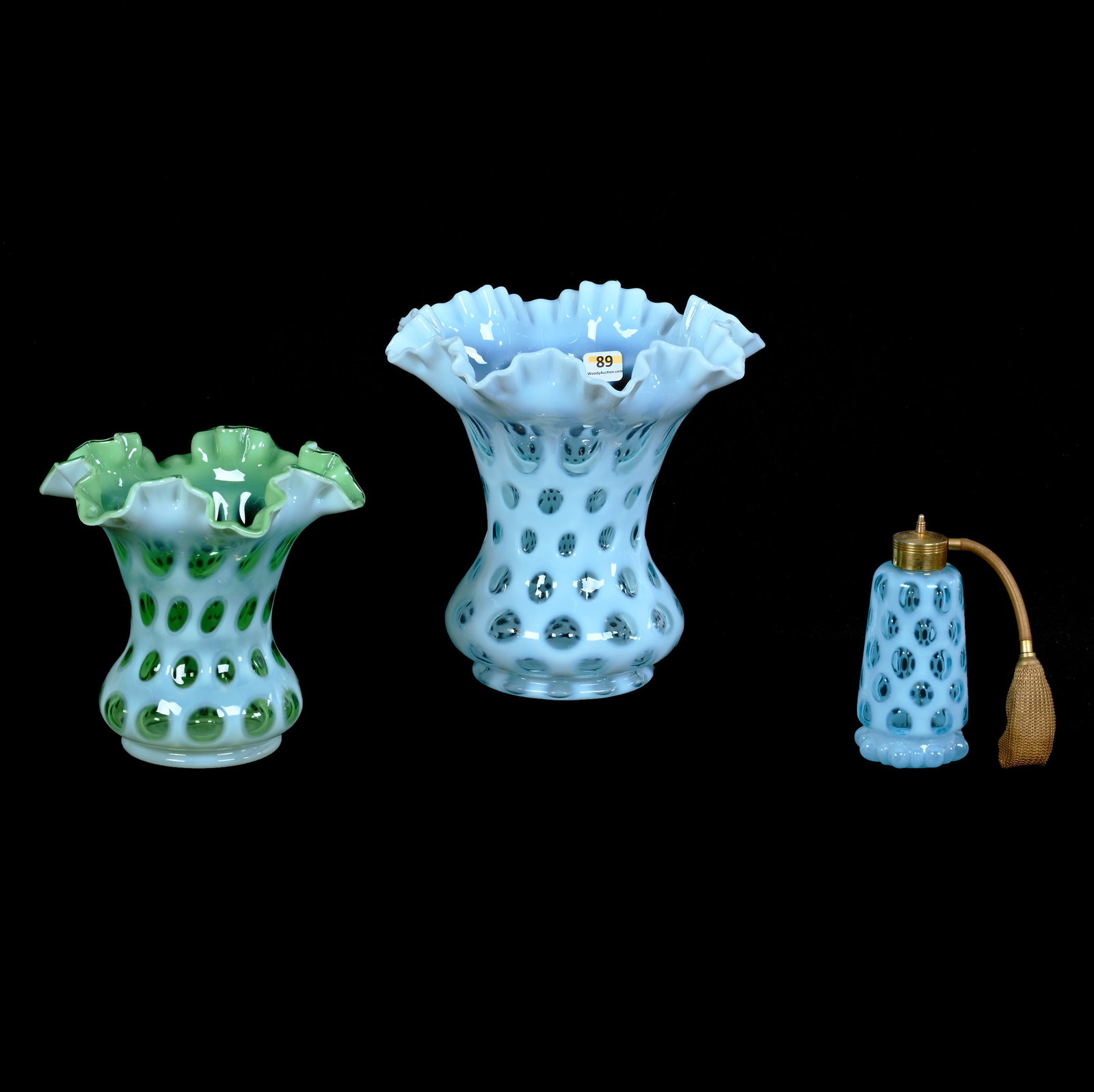 (3) Fenton Opalescent Coin Dot Art Glass Items: (3) Fenton Opalescent Coin Dot Art Glass Items, 8 x 8.25 x 8.25 Inches, (1) Blue Vase, (1) 6.25" Green Vase, And (1) 5" Blue Atomizer, Squeeze Bulb Has Solidified, 4.3 Pounds, Private Collection, Miss