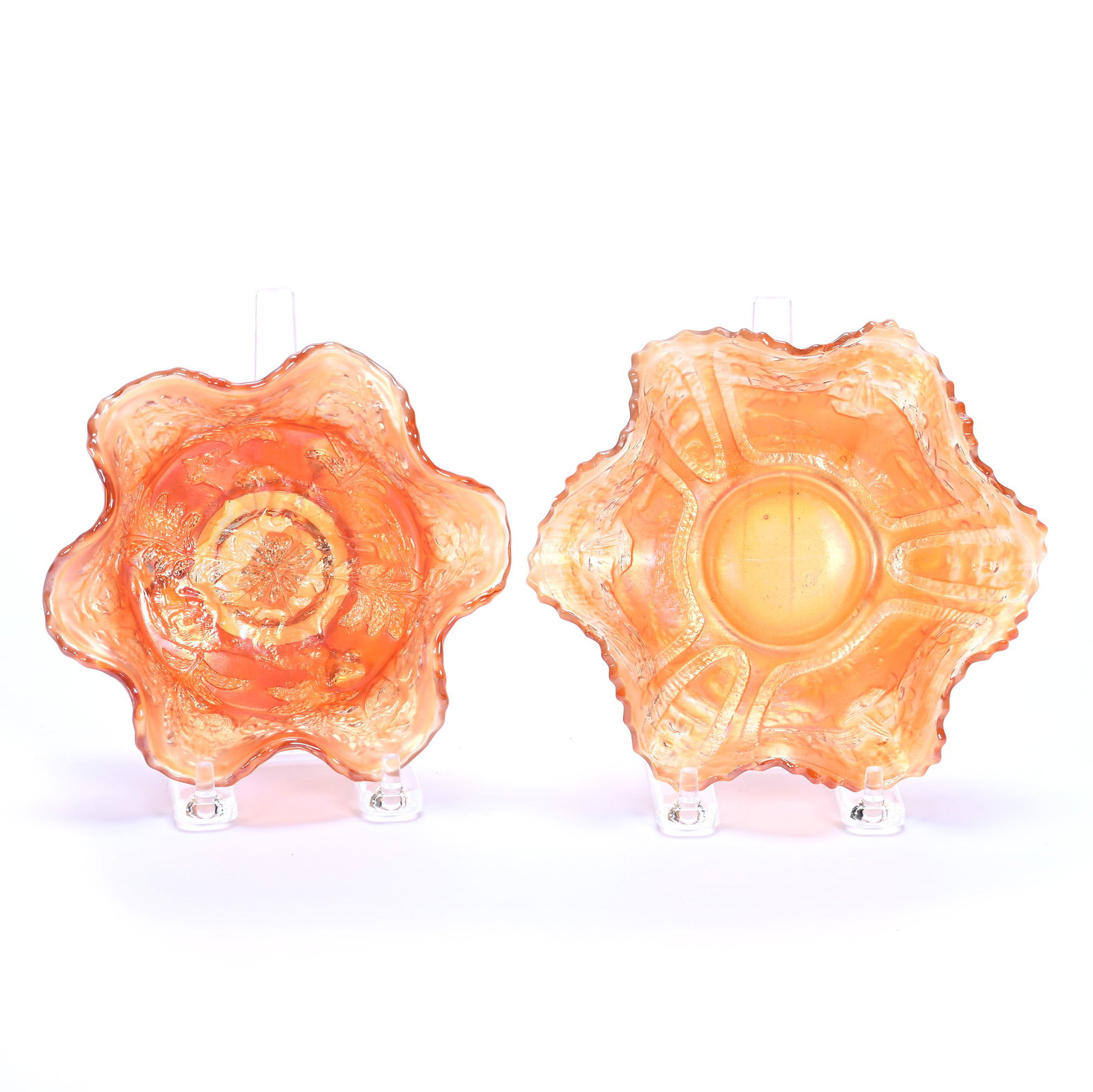 (2) Sauce Dishes, Marigold Fenton Carnival Glass: (2) Sauce Dishes, Marigold Fenton Carnival Glass, 5.5 x 5.5 x 2.25 Inches, (1) Panther Pattern With Butterfly And Berry Exterior And (1) Sailboats Pattern , Circa 1900s, 1 Pound, Private Collection, M