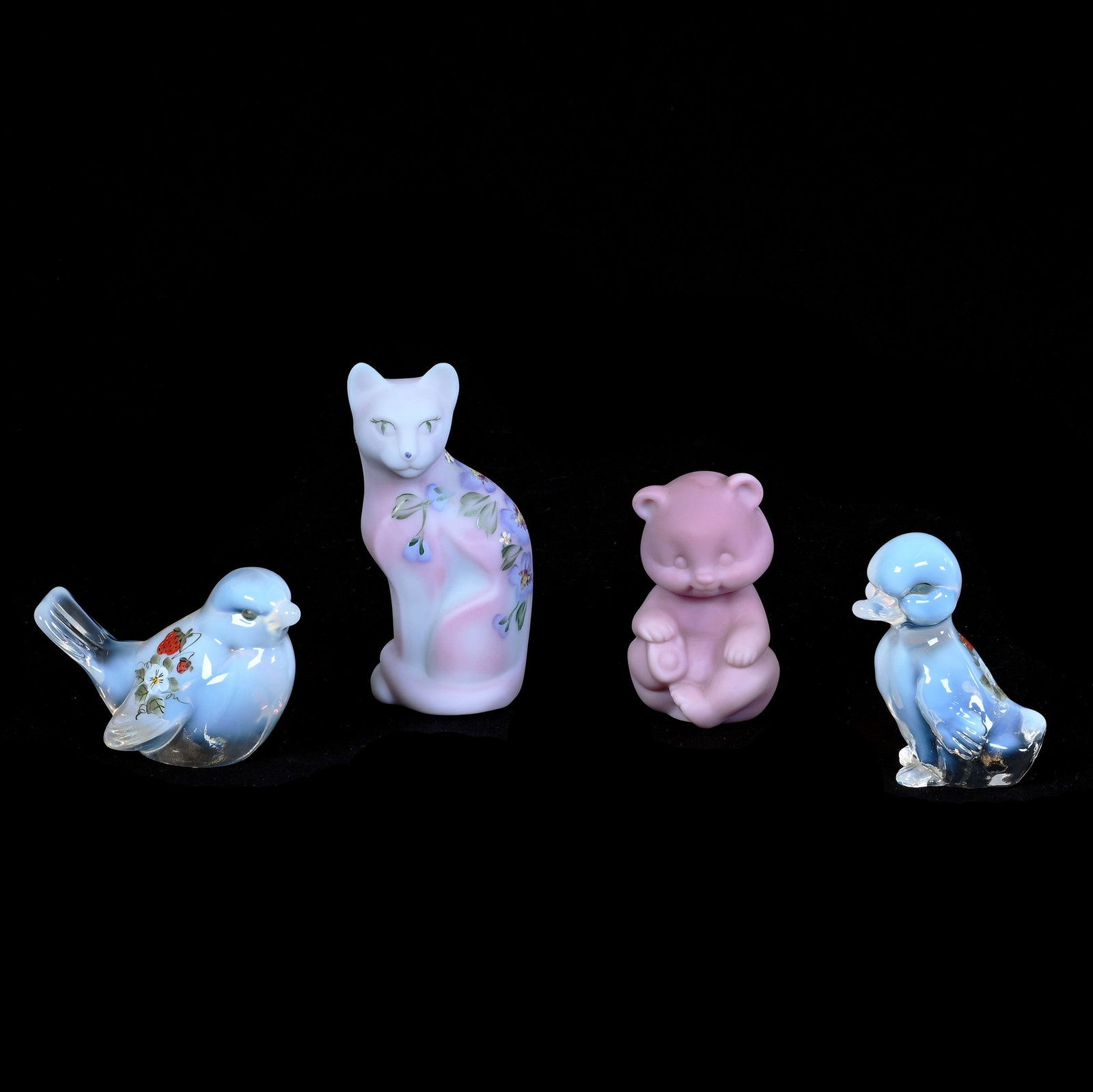 (4) Animal Figurines, Fenton Art Glass: (4) Animal Figurines, Fenton Art Glass, 5 x 2.25 x 2 Inches, Includes (1) Cat, Hand Painted Limited Edition, Pink Burmese, (1) 3.5" Bear, Unmarked Pink Burmese, (1) 3.25" Duck, Clear Opalescent With E